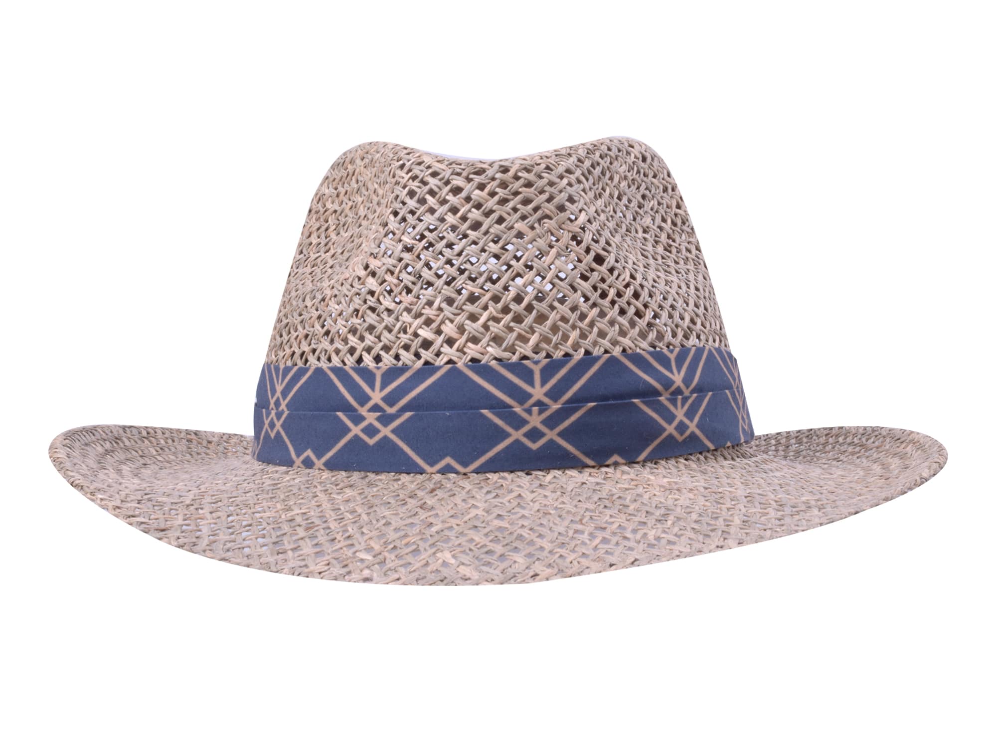 Straw hat with a blue band on a white background