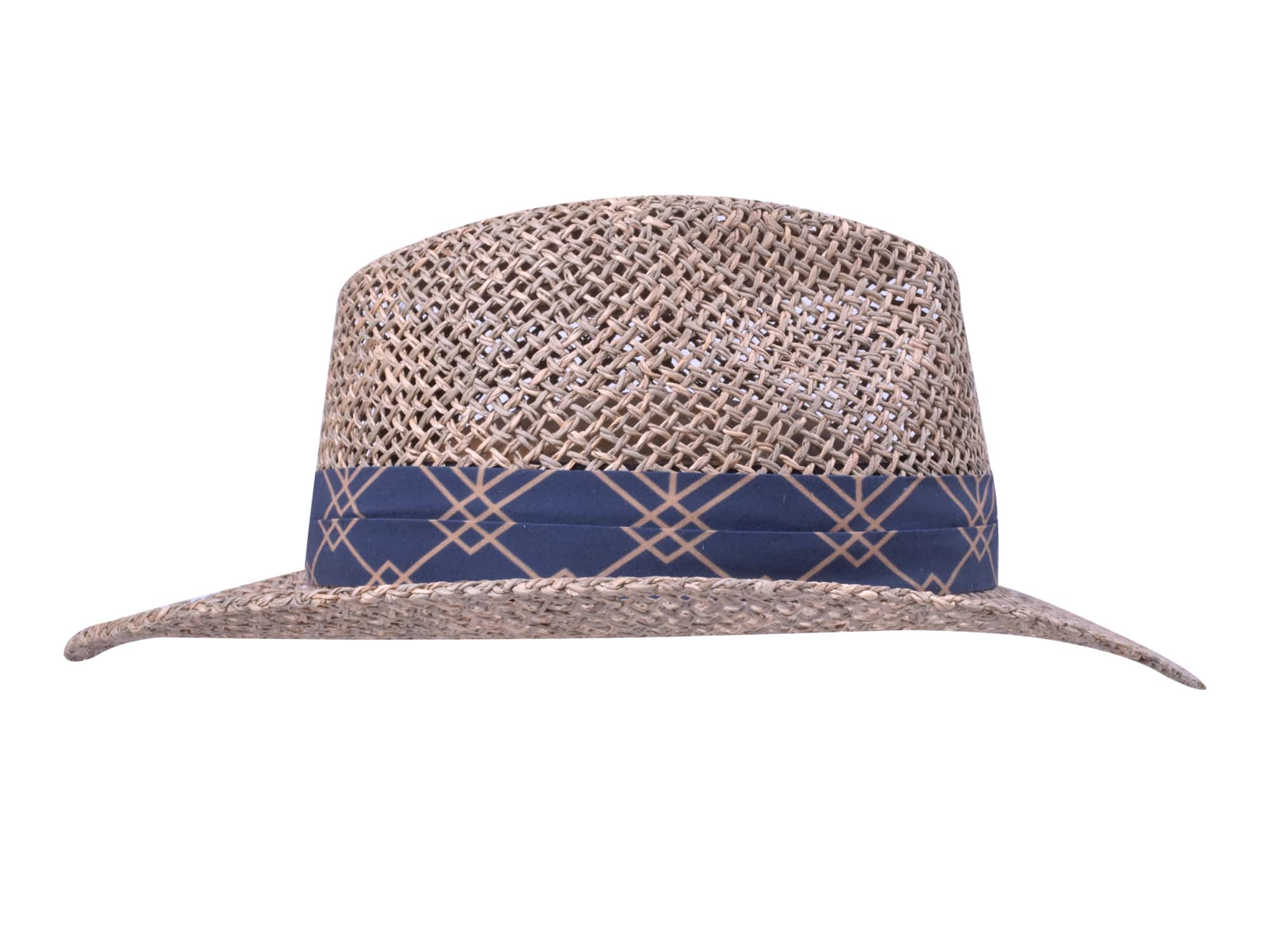 Woven straw hat with a blue band on a white background