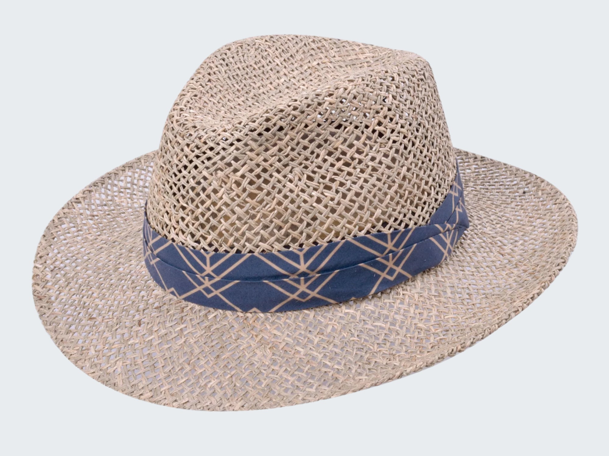 Beige straw hat with a blue band on a white background