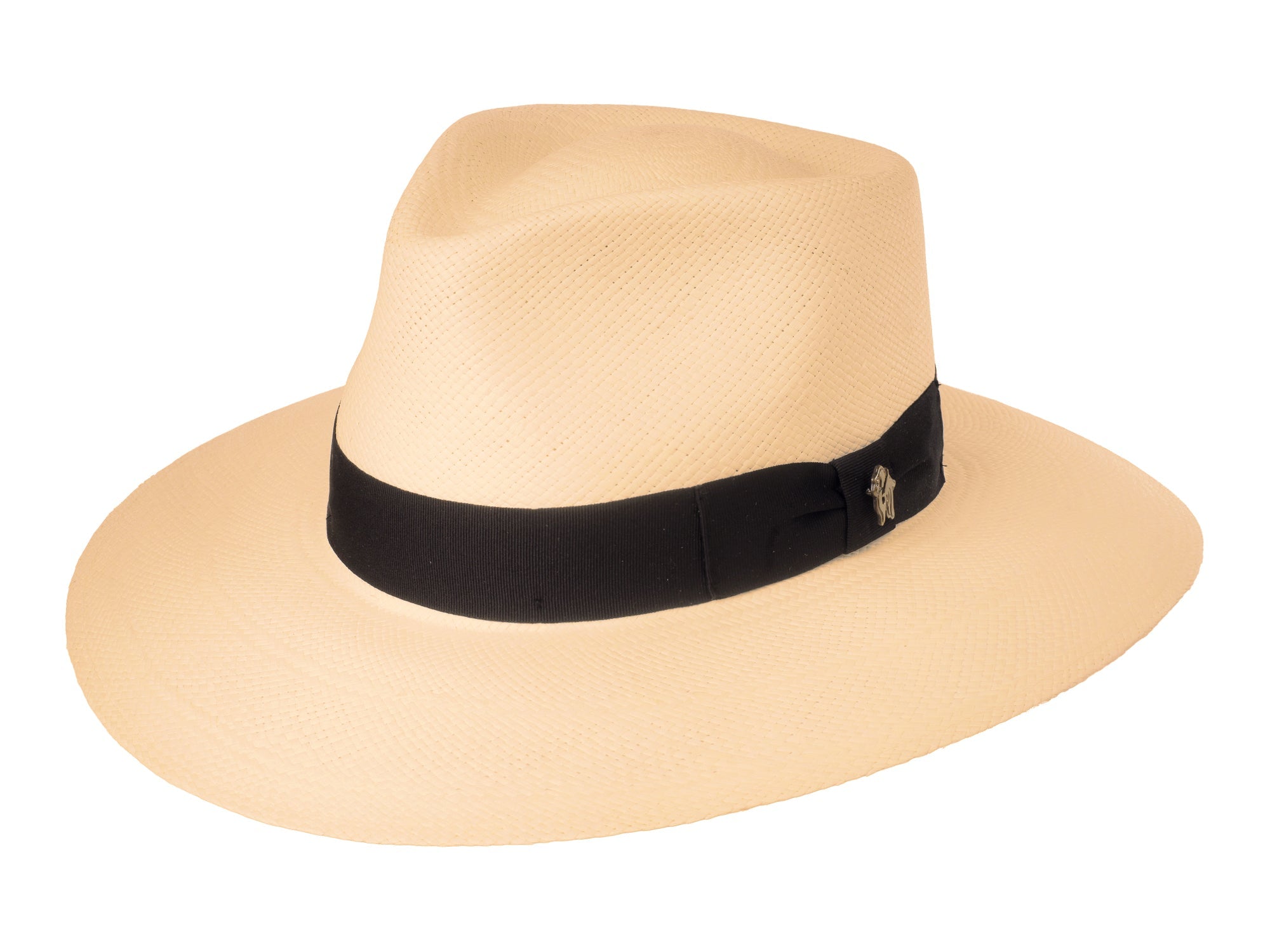 Beige straw hat with a black band on a white background