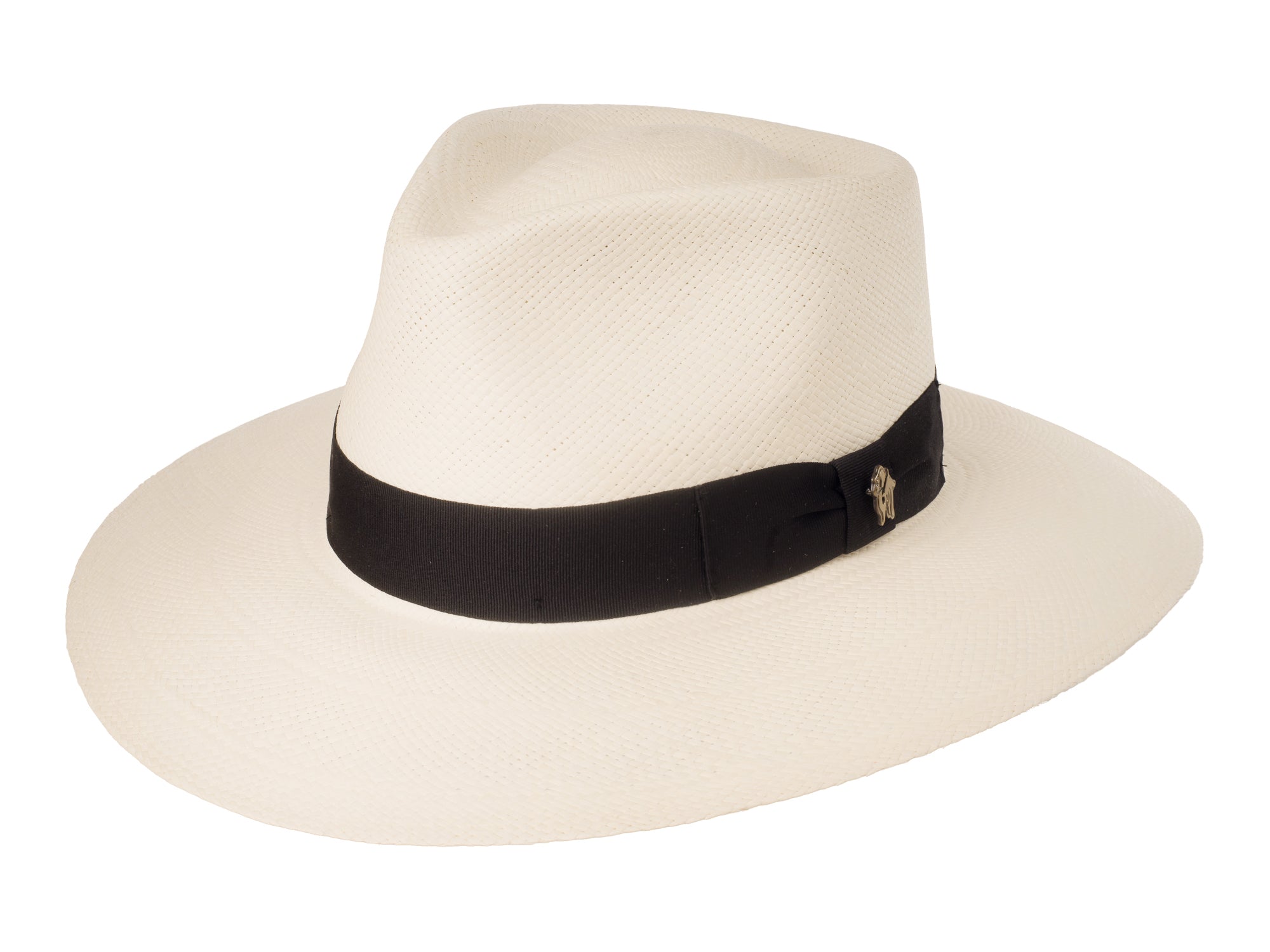 Beige hat with a black band on a white background