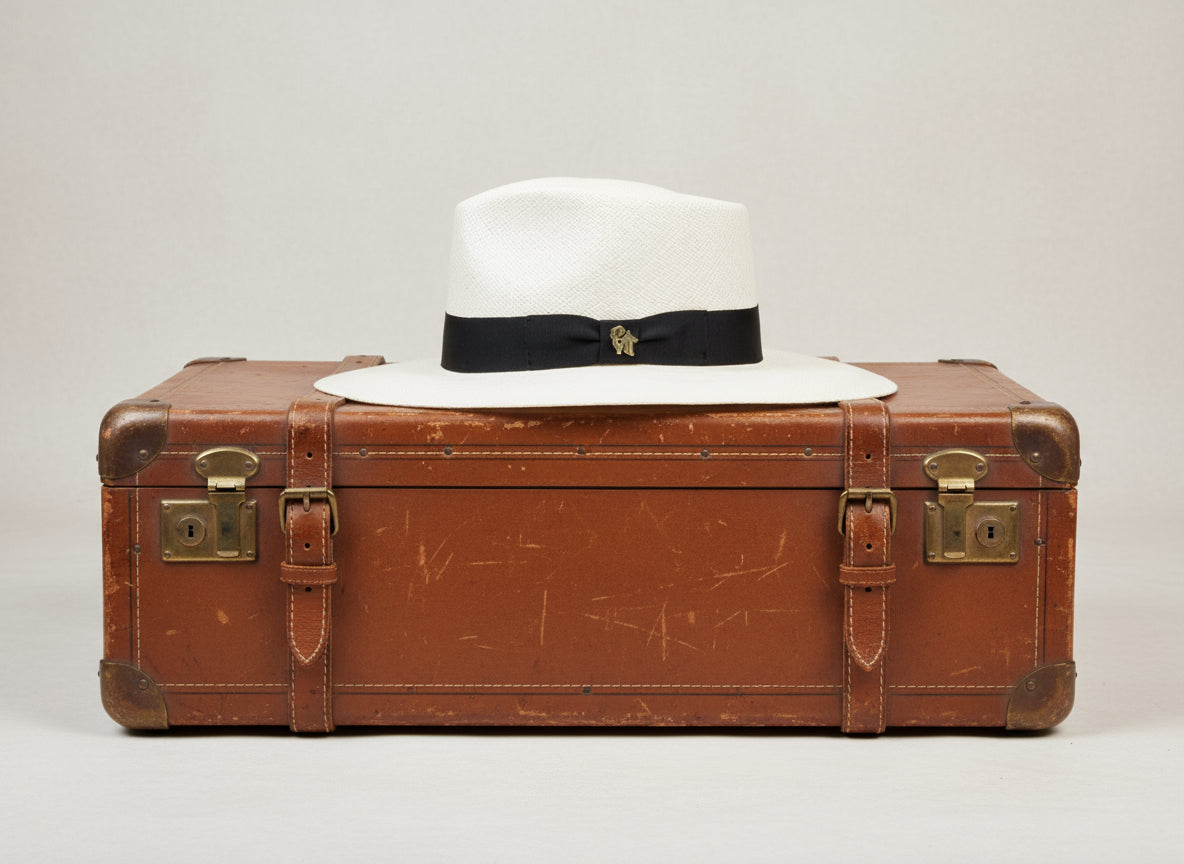 White Panama hat with a black band and gold emblem on a white background