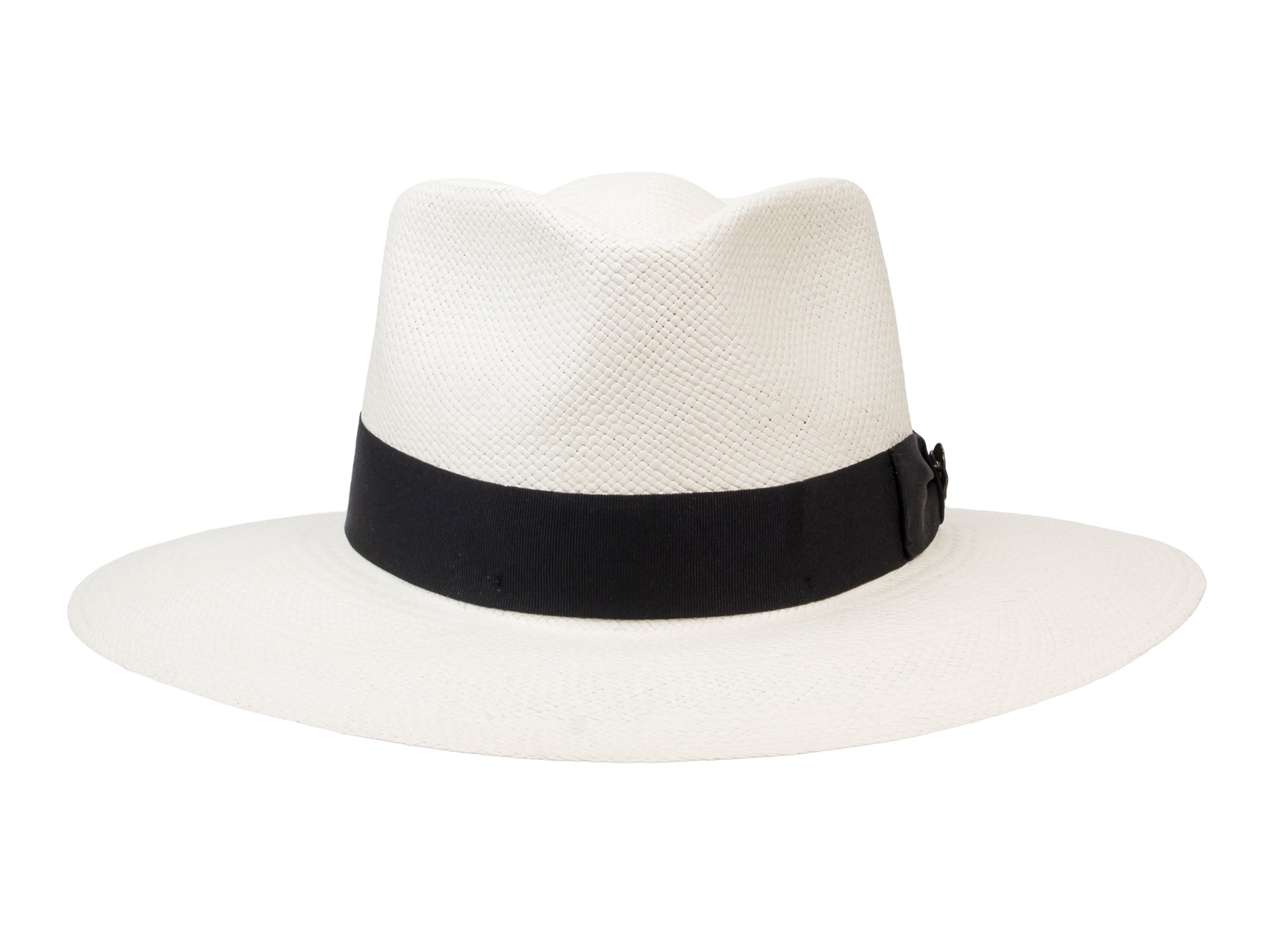 White fedora hat with a black band on a white background