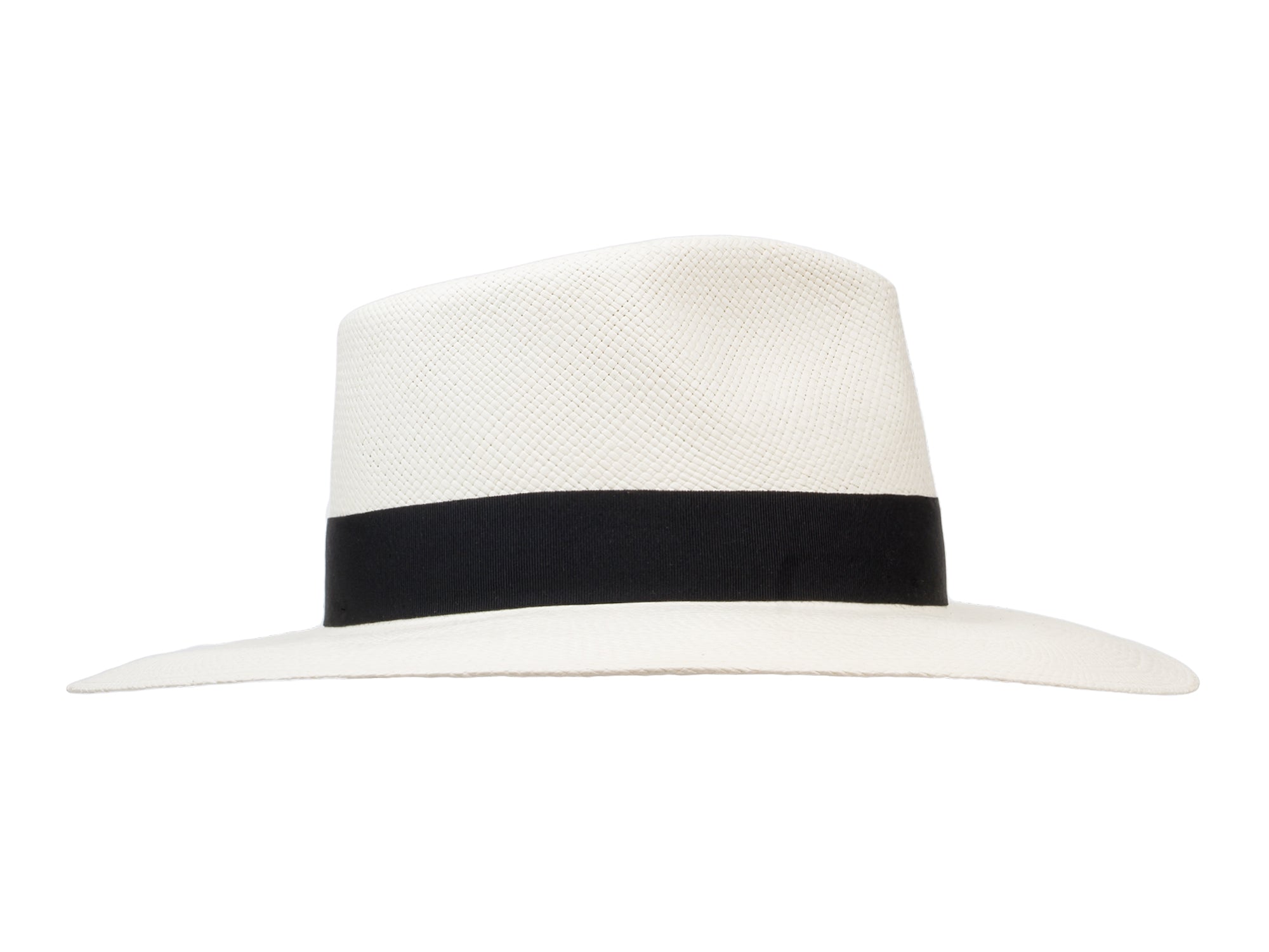 White fedora hat with a black band on a white background