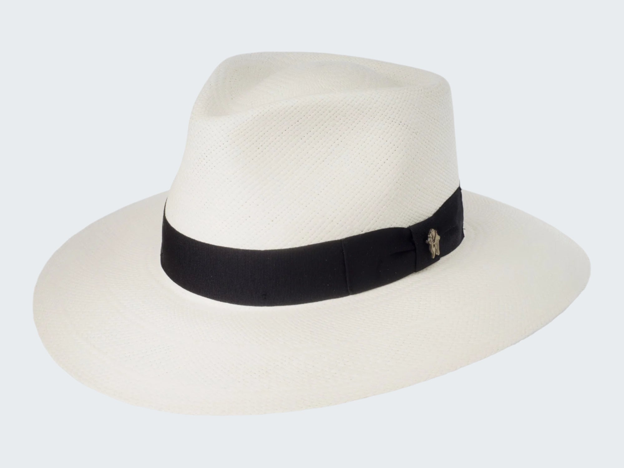 White fedora hat with a black band on a white background