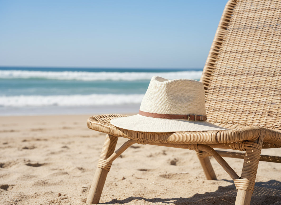 Beige straw hat with a brown band on a white background