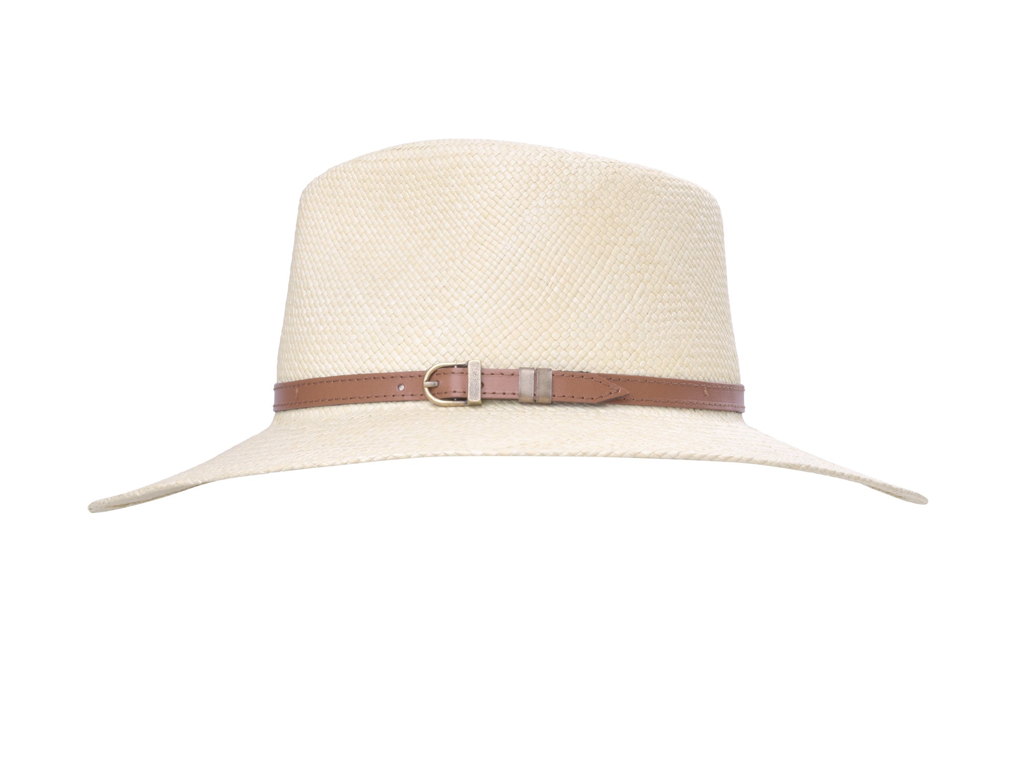 Beige straw hat with a brown band on a white background