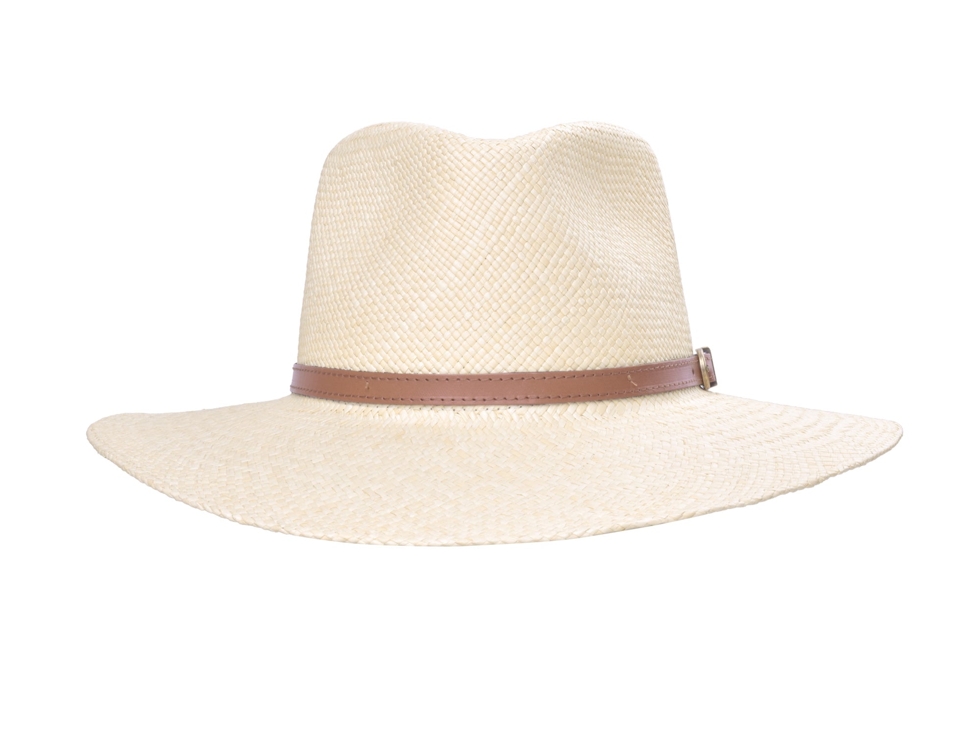 Beige straw hat with a brown band on a white background