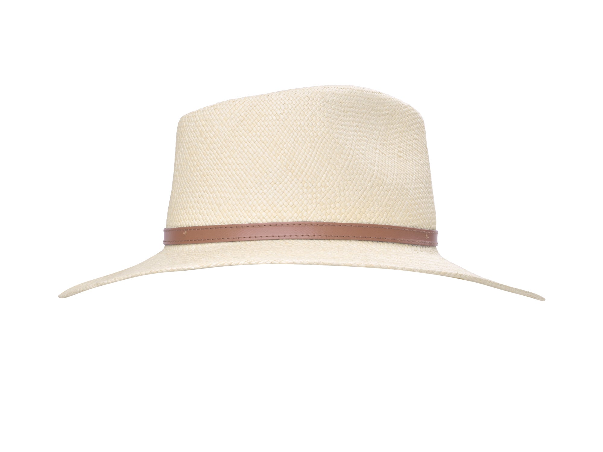 Beige straw hat with a brown band on a white background