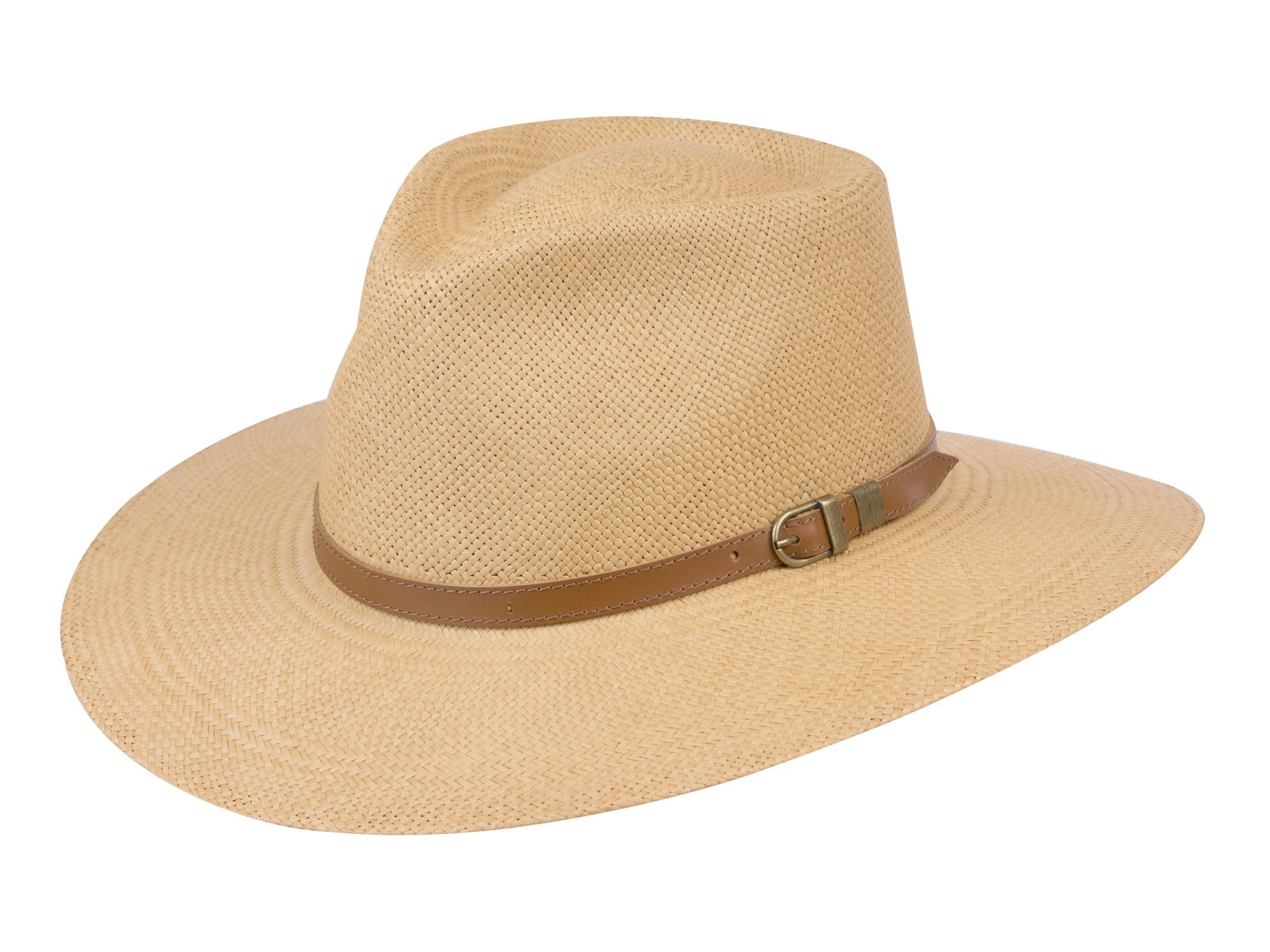 Beige straw hat with a brown leather band on a white background