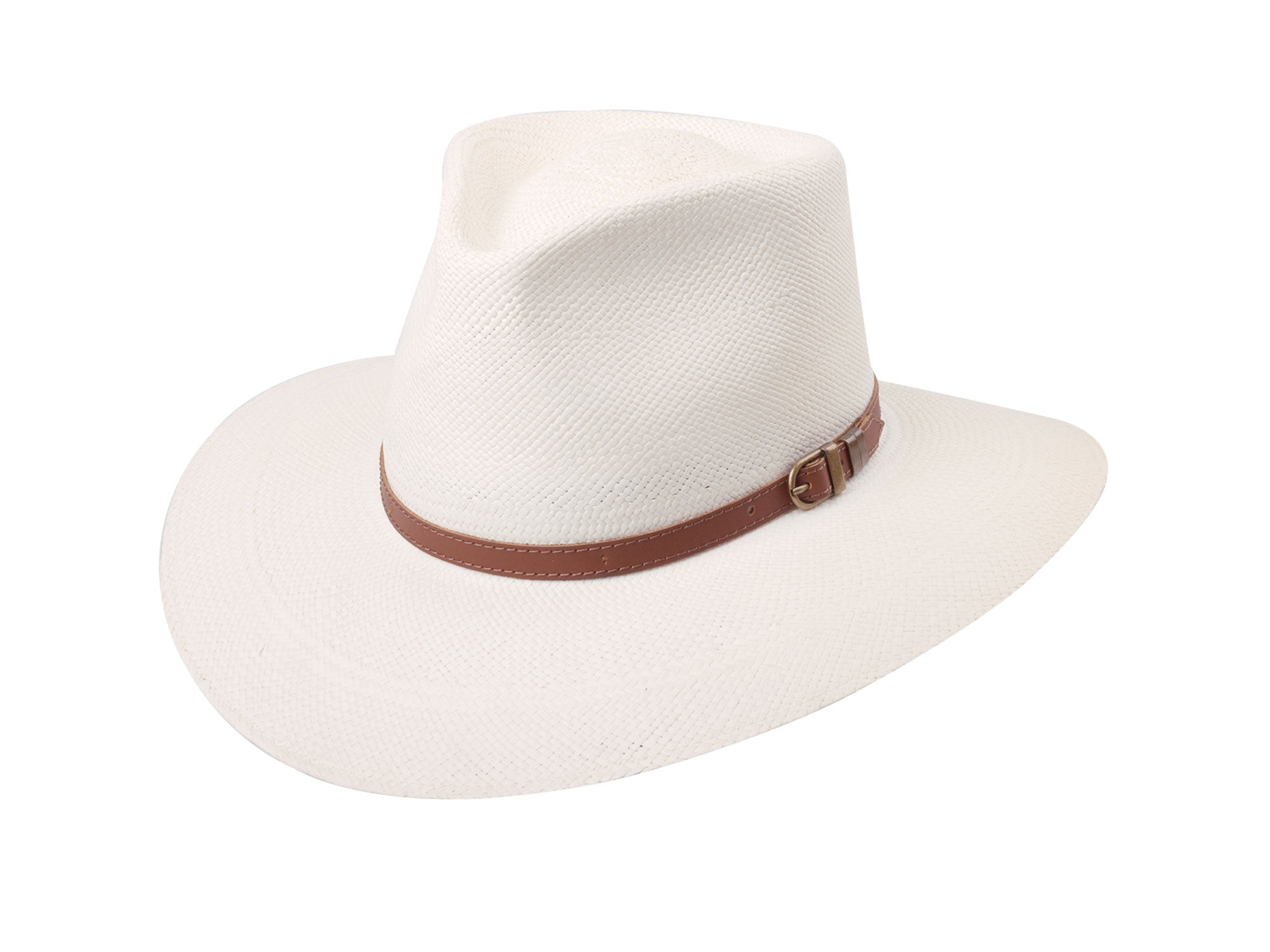 White fedora hat with a brown band on a white background