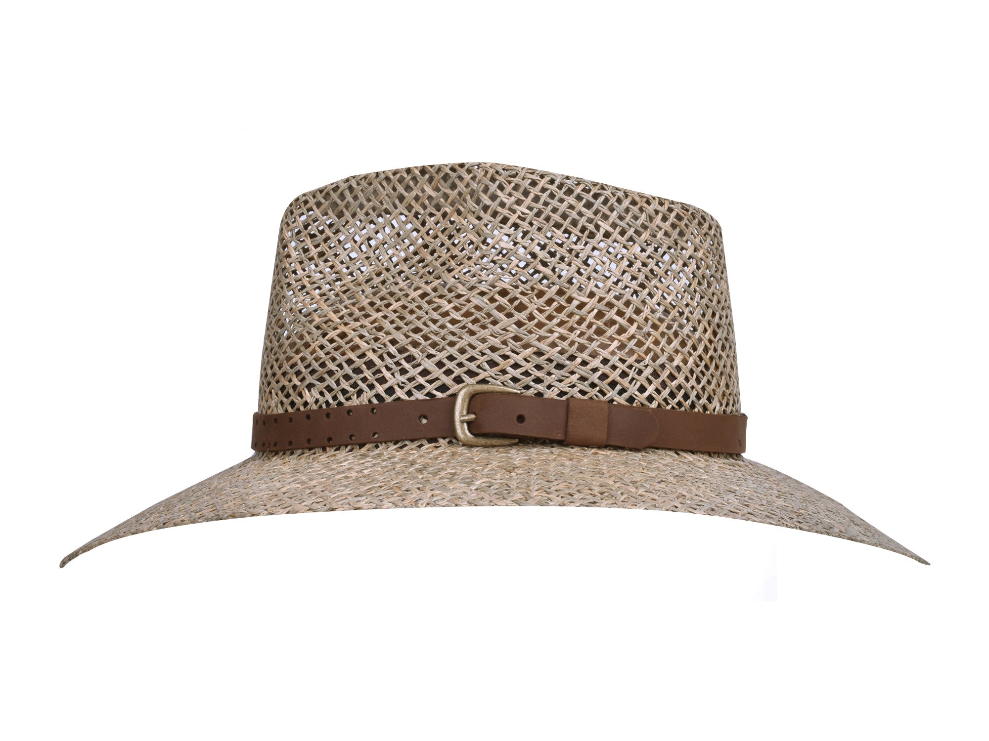 Straw hat with a brown band on a white background