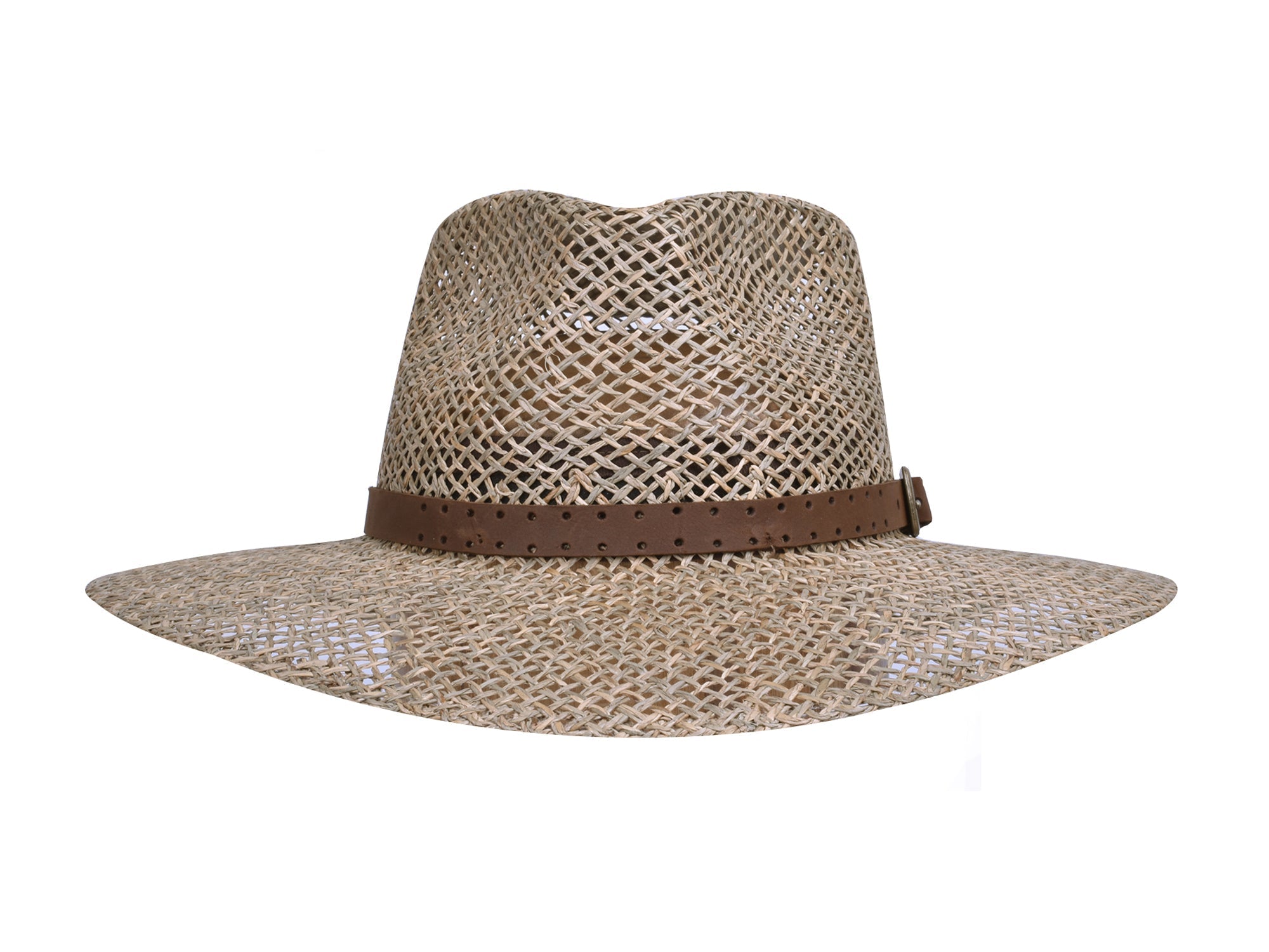 Straw hat with a brown band on a white background