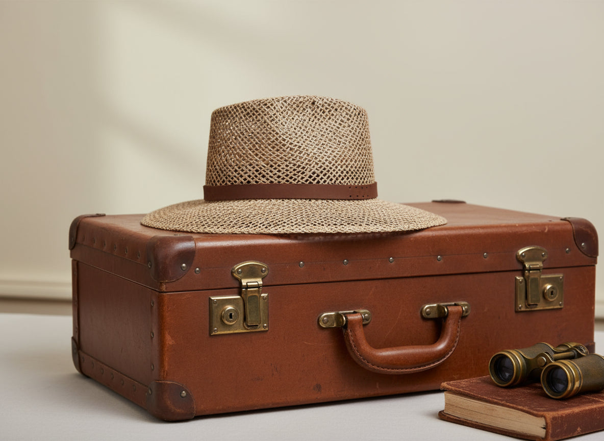 Straw hat with a brown band on a white background