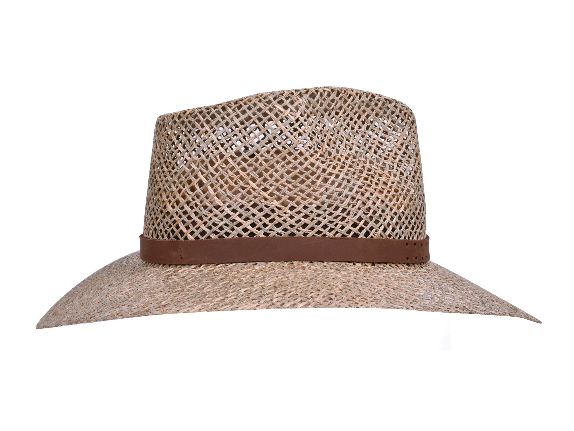 Straw hat with a brown band on a white background
