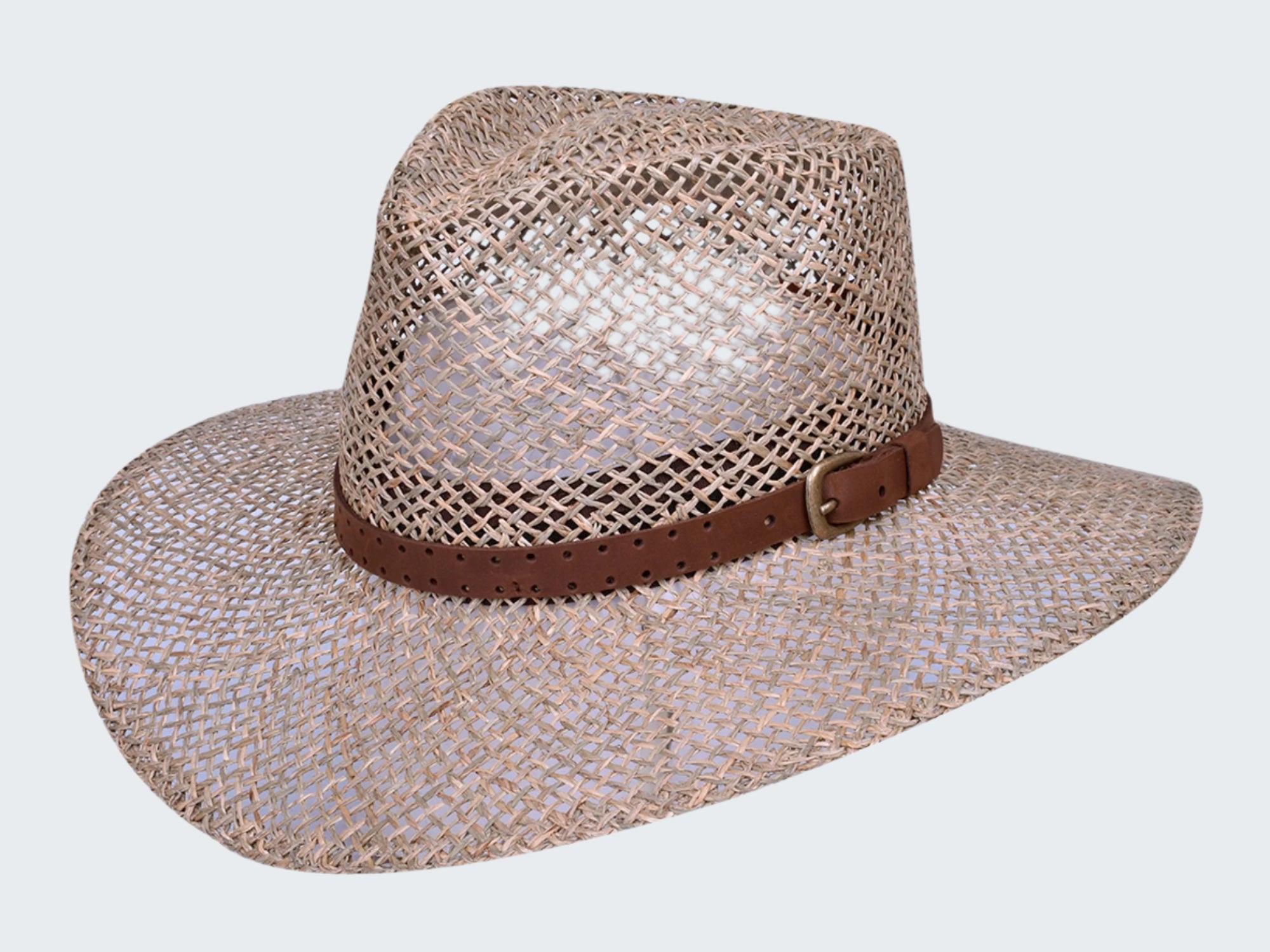 Woven straw hat with a brown band on a white background