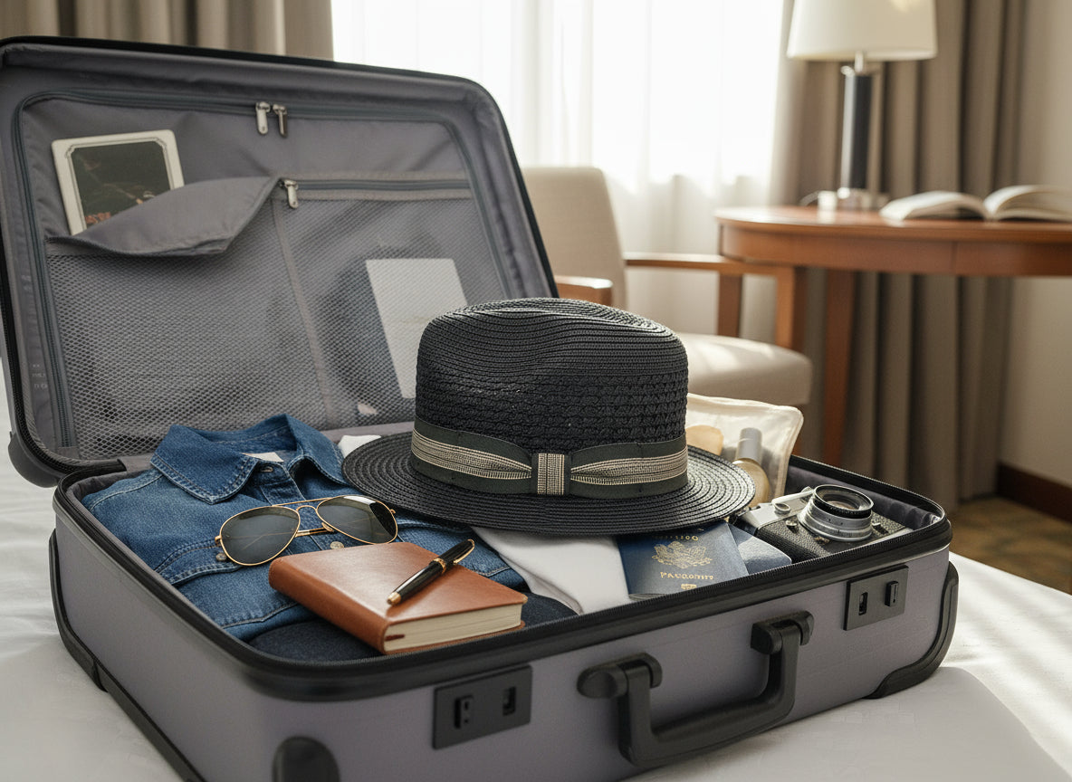 Black straw hat with a decorative band on a white background