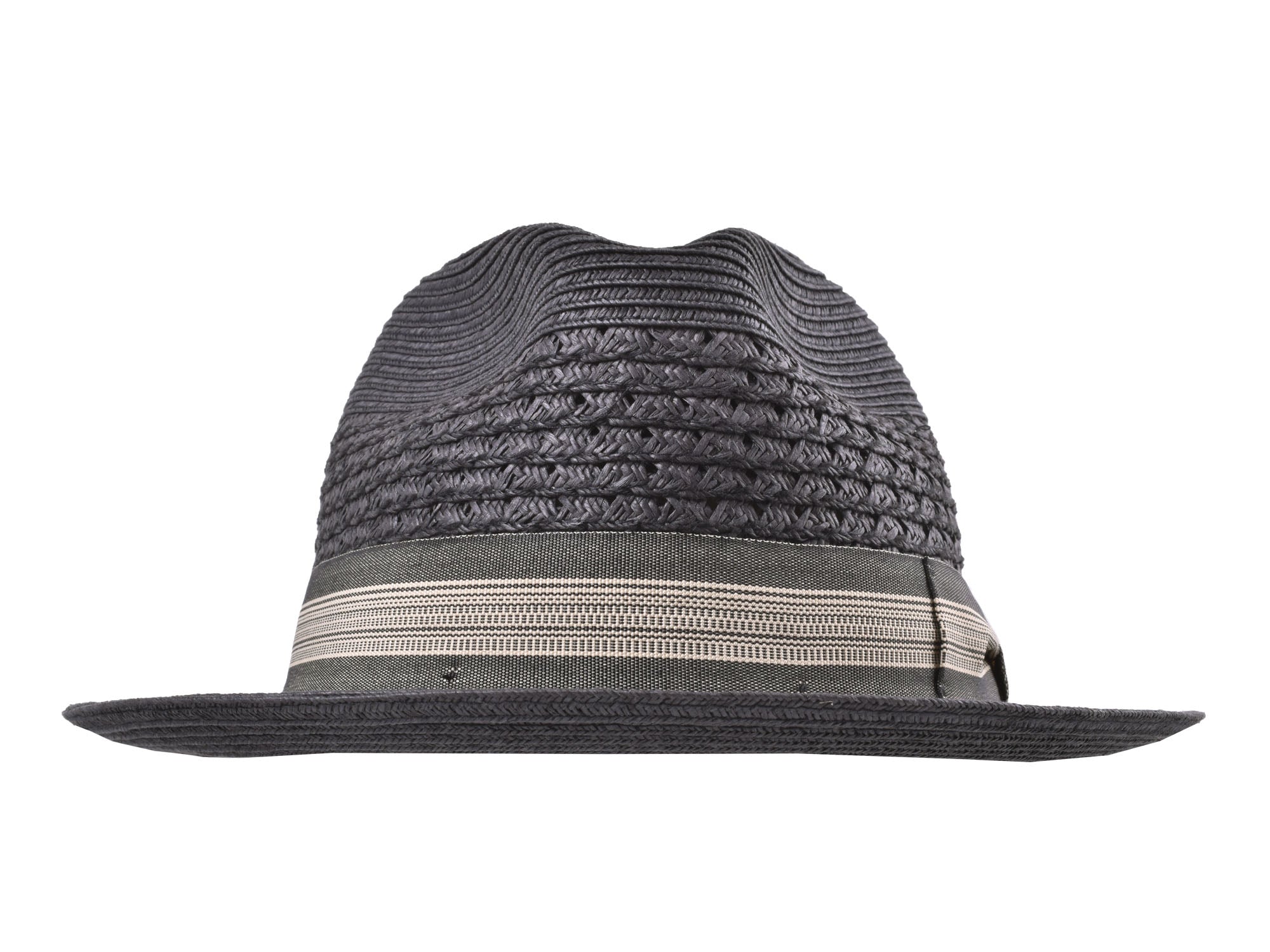 Black straw hat with a beige band on a white background