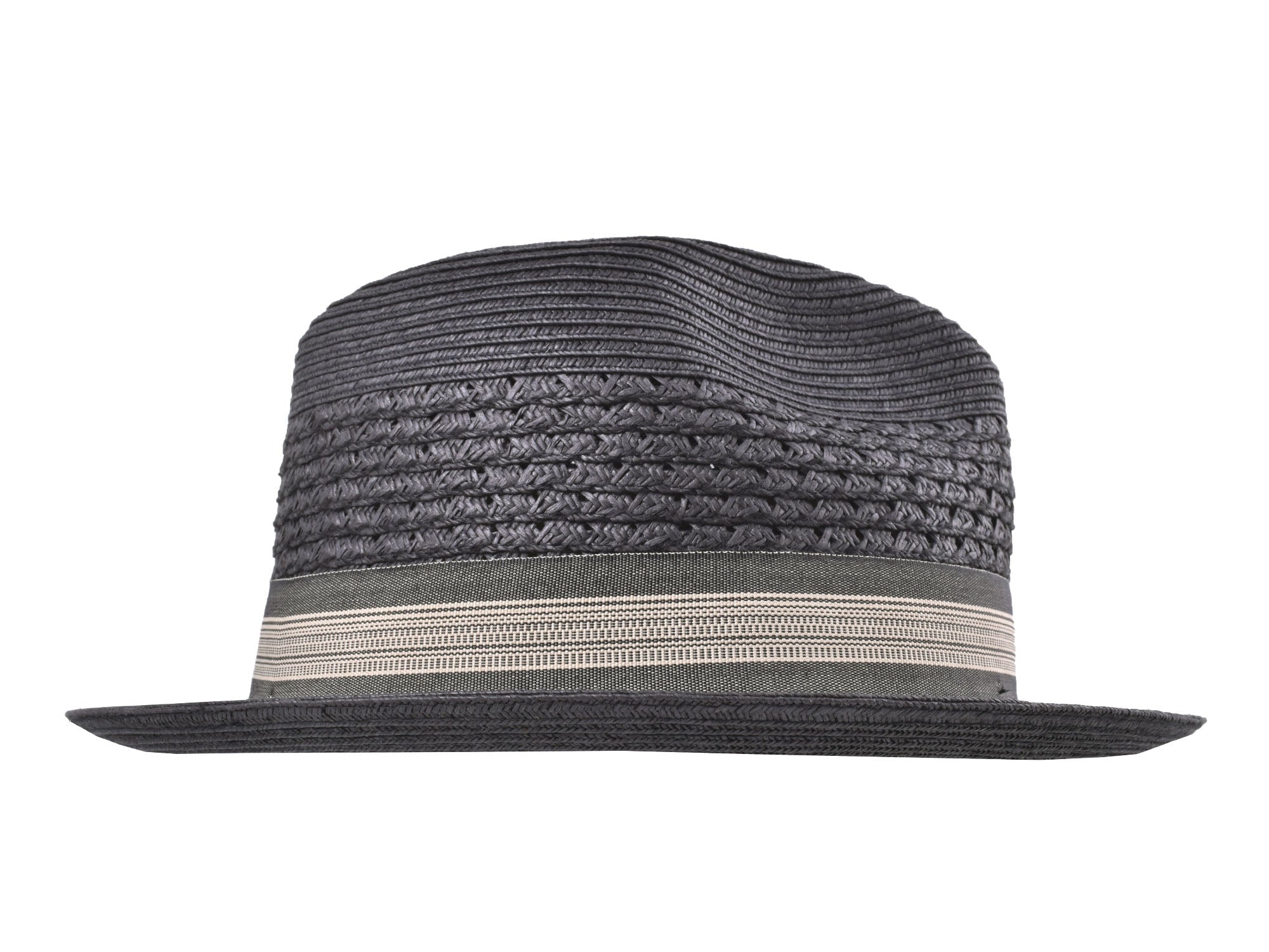 Black and gray striped fedora hat on a white background