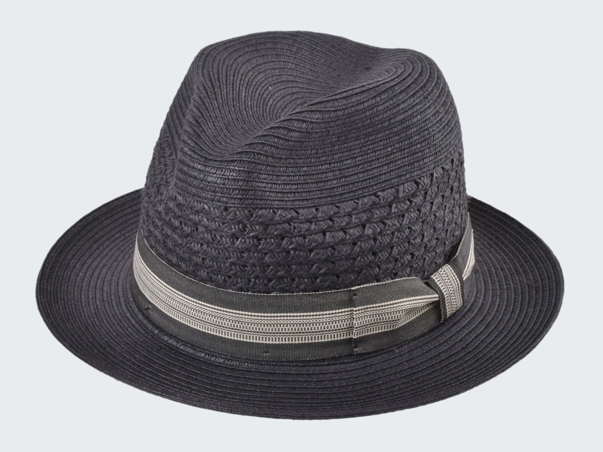 Black straw hat with a band on a white background