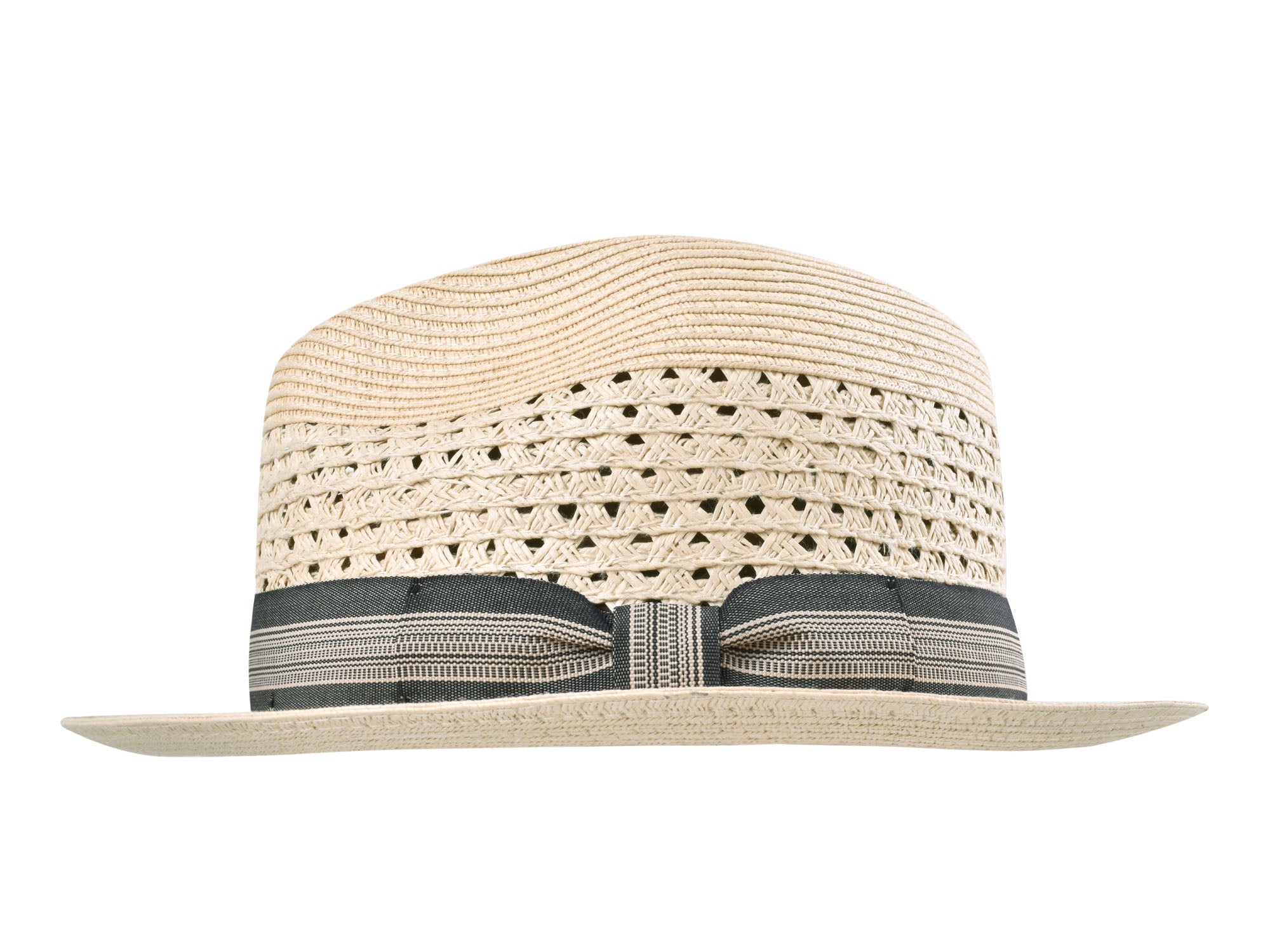 Beige straw hat with a black and gray band on a white background