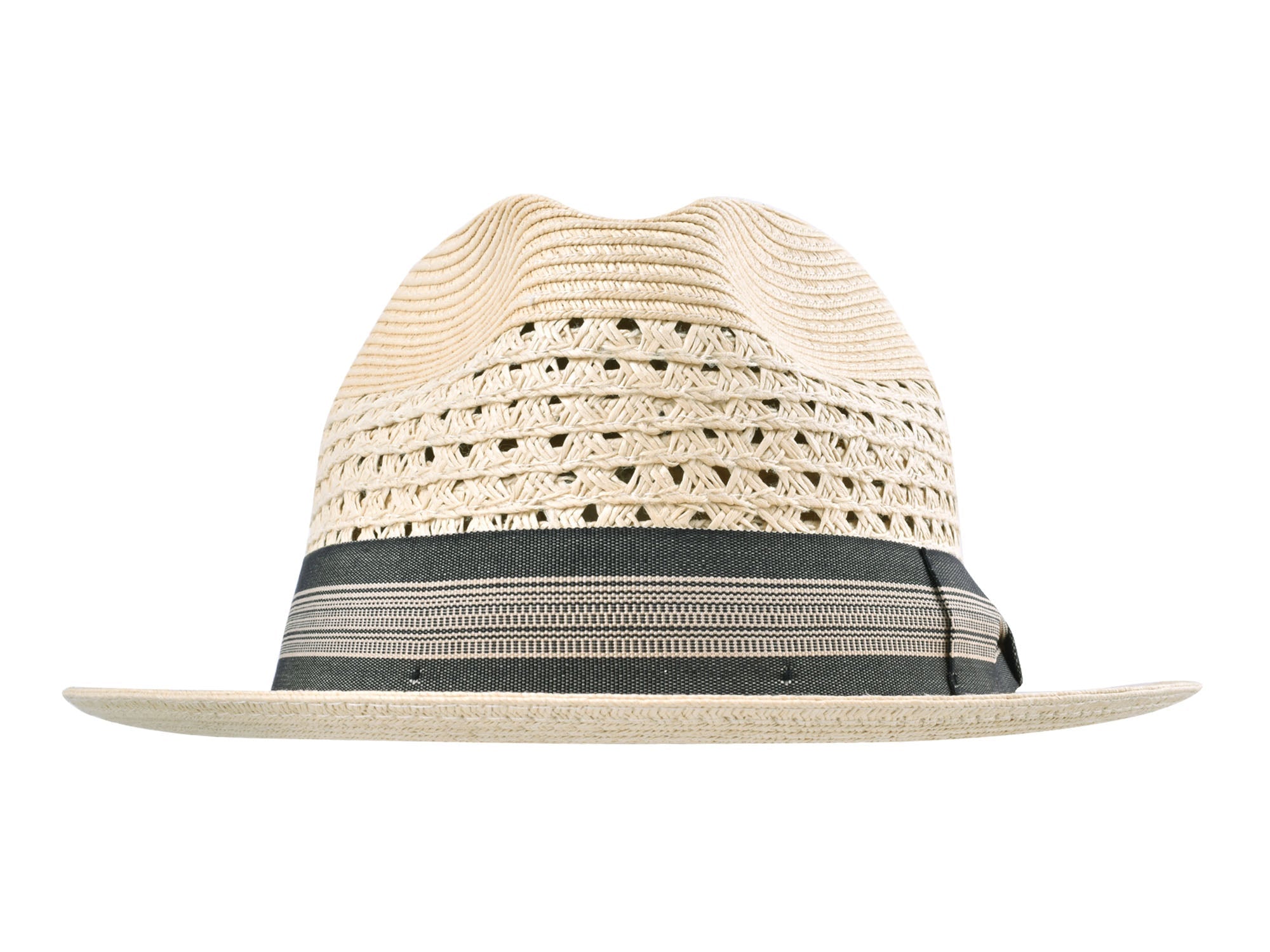 Beige straw hat with a black and white striped band on a white background