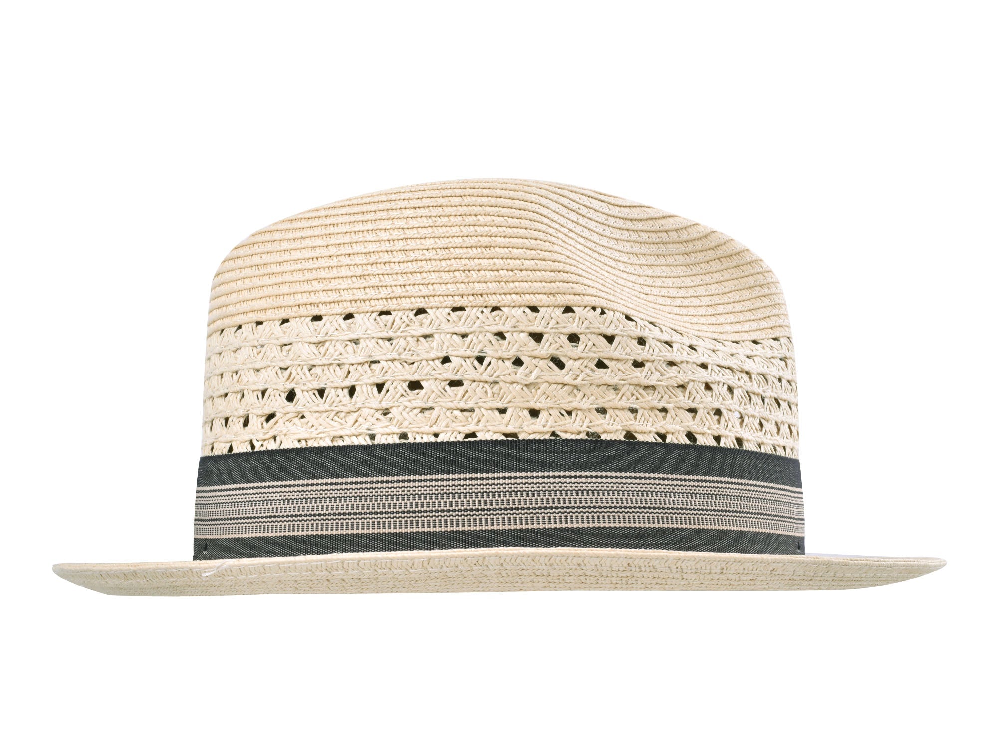 Beige straw hat with a black band on a white background