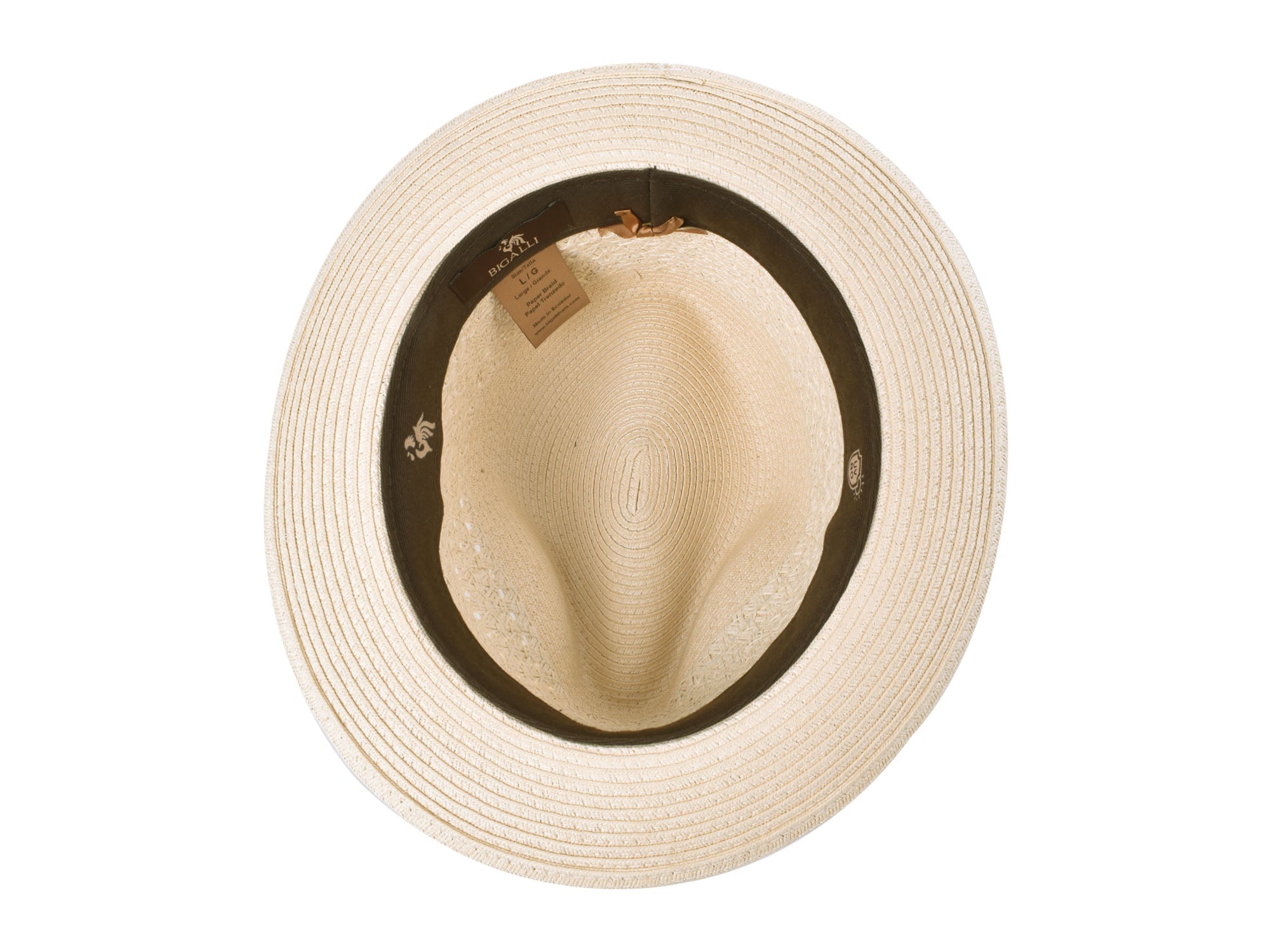 Beige straw hat with a tag on a white background