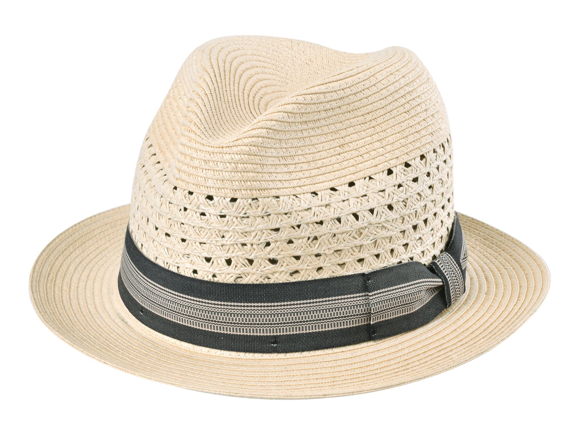 Beige straw hat with a black band on a white background