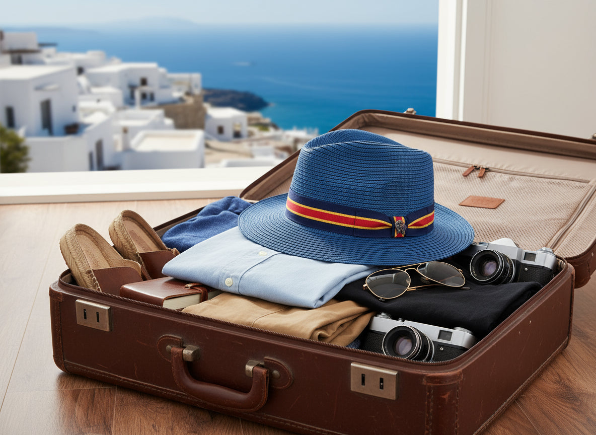Blue straw hat with a red and yellow striped band on a white background