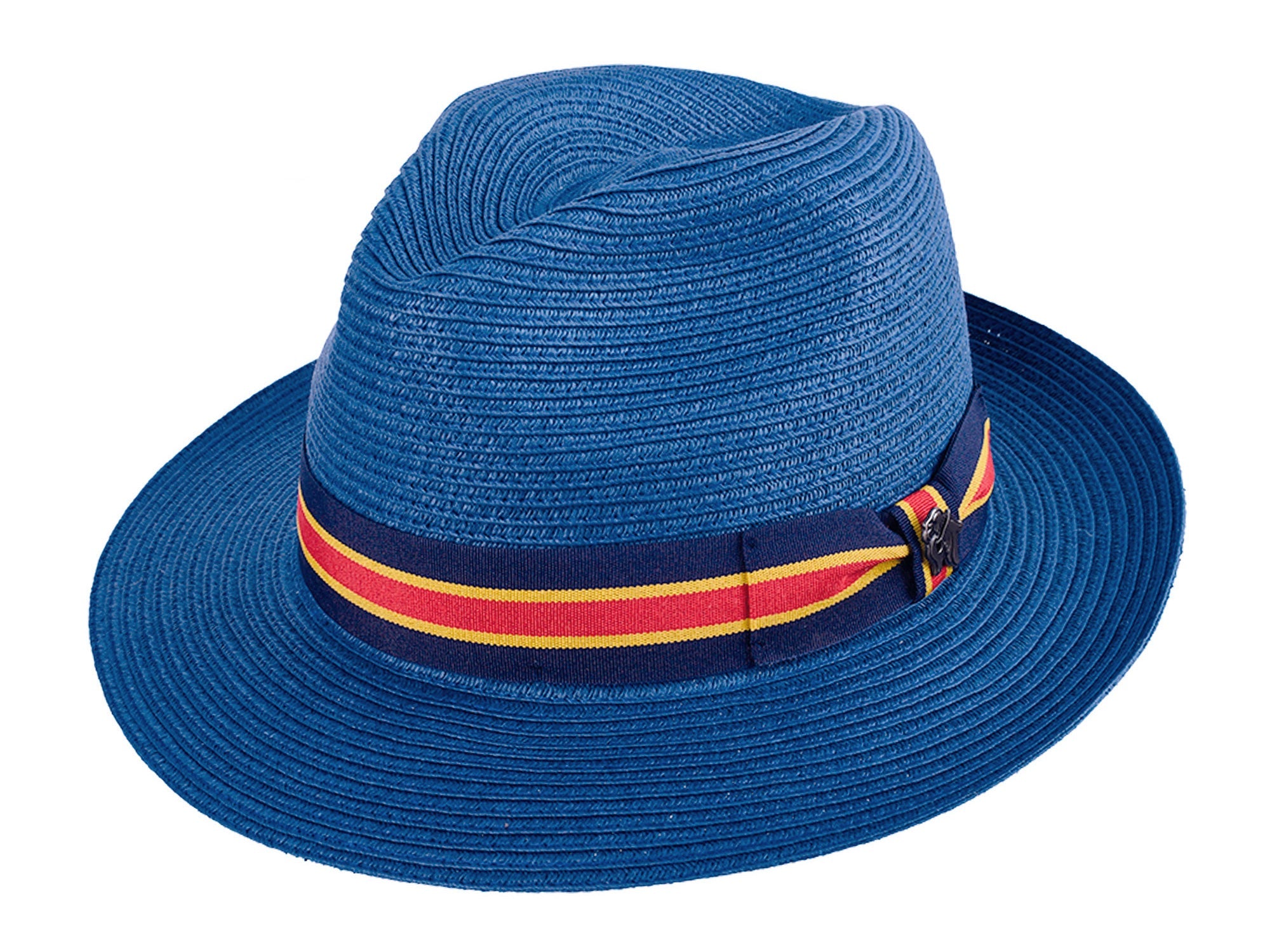 Blue straw hat with a red and yellow striped band on a white background