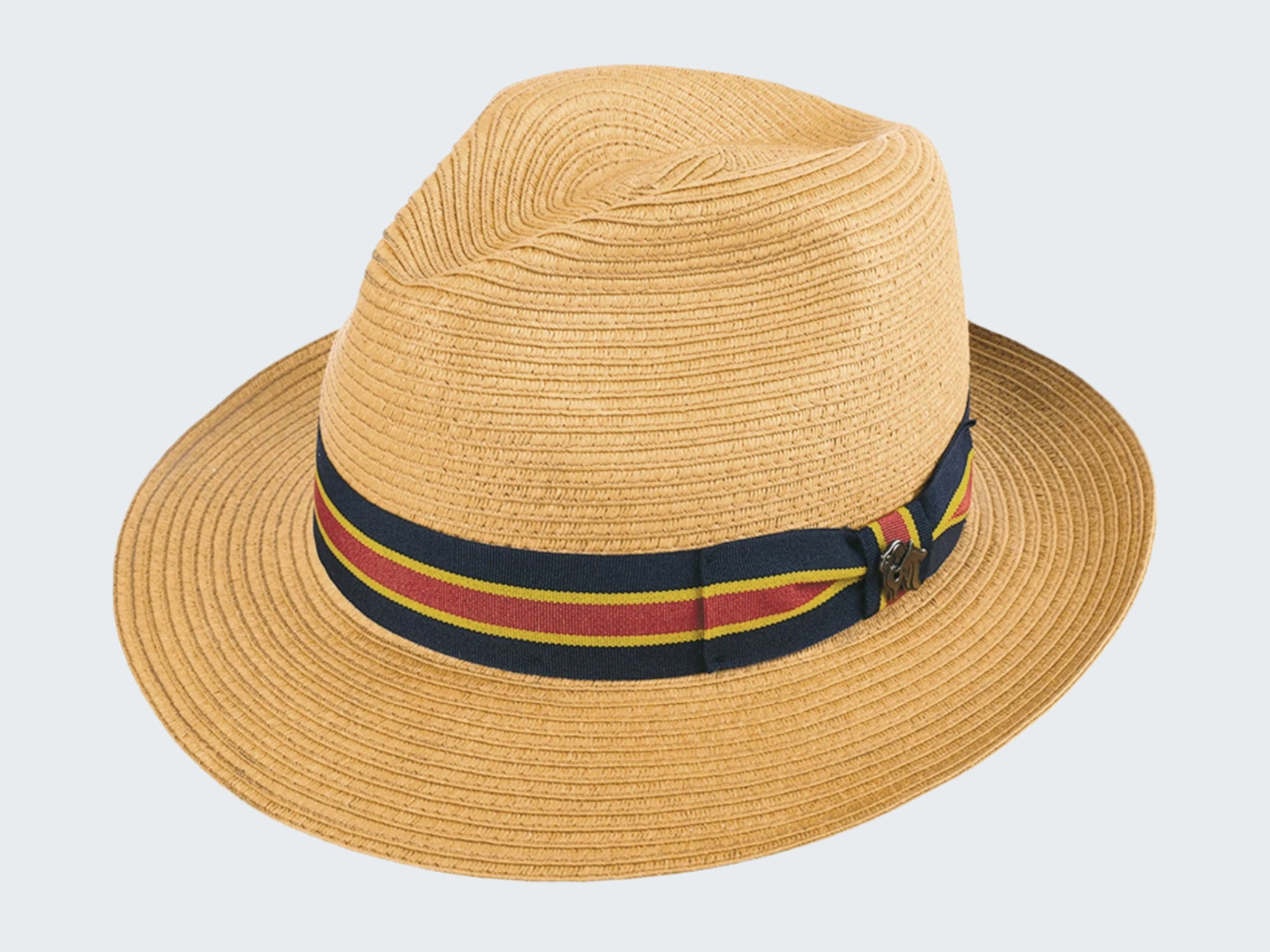 Beige straw hat with a colorful band on a white background
