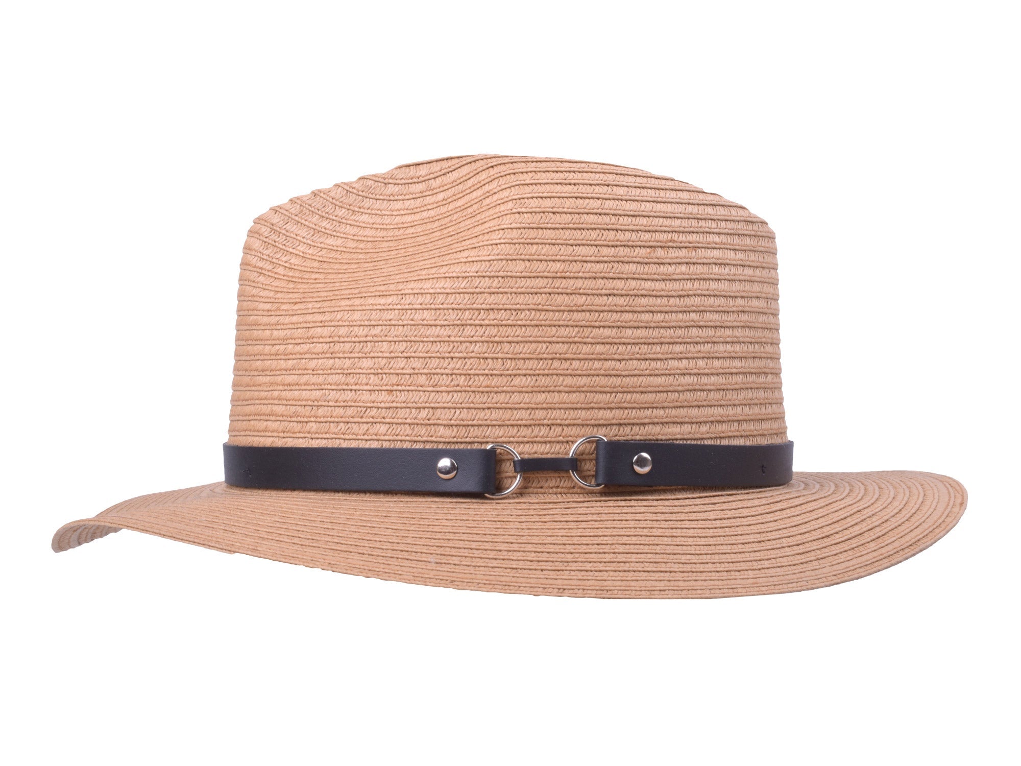 Beige straw hat with a black band on a white background