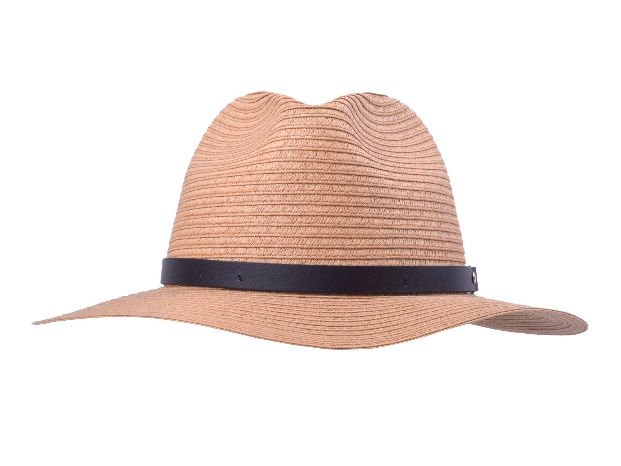Beige straw hat with a black band on a white background