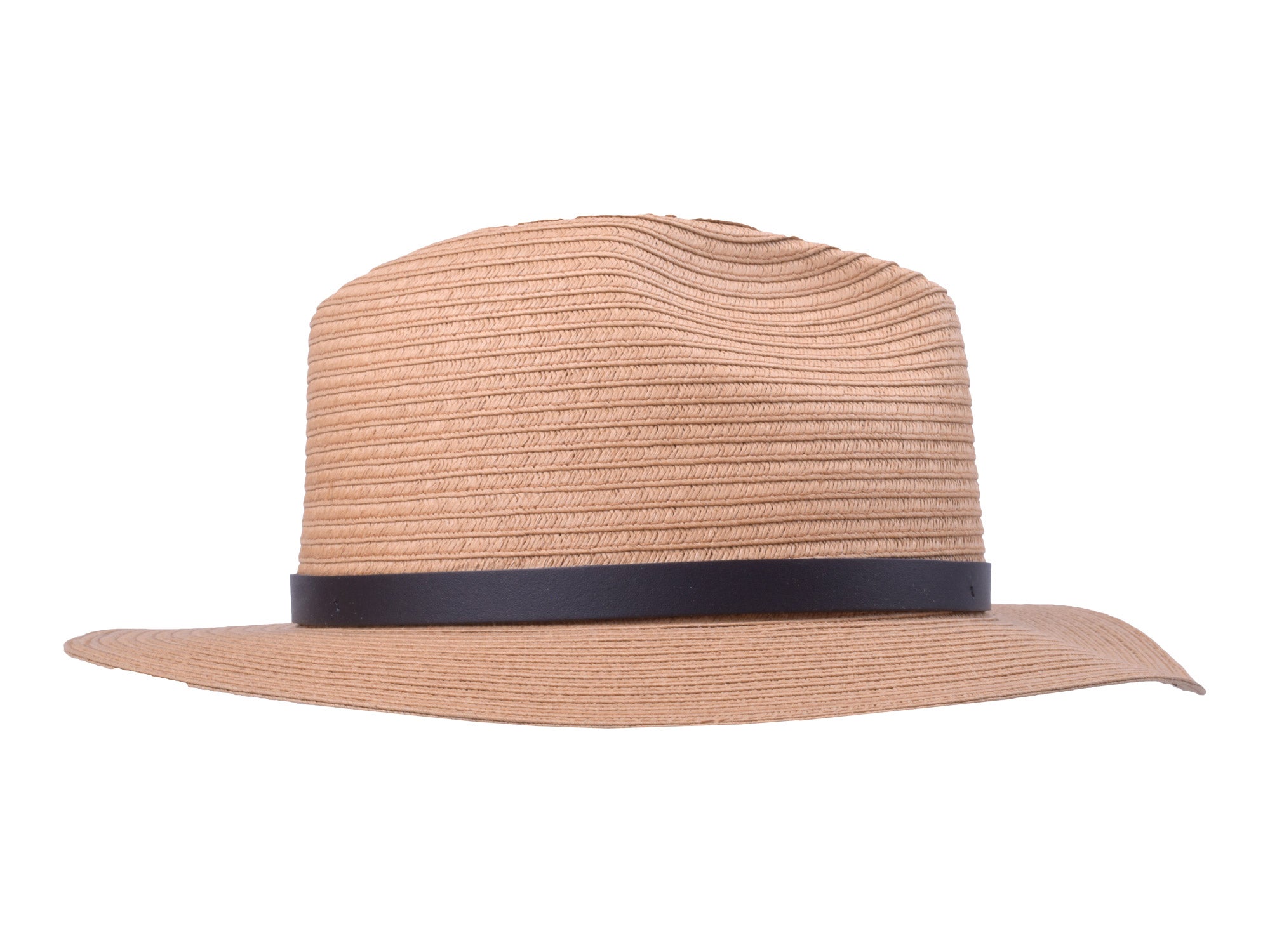 Beige straw hat with a black band on a white background