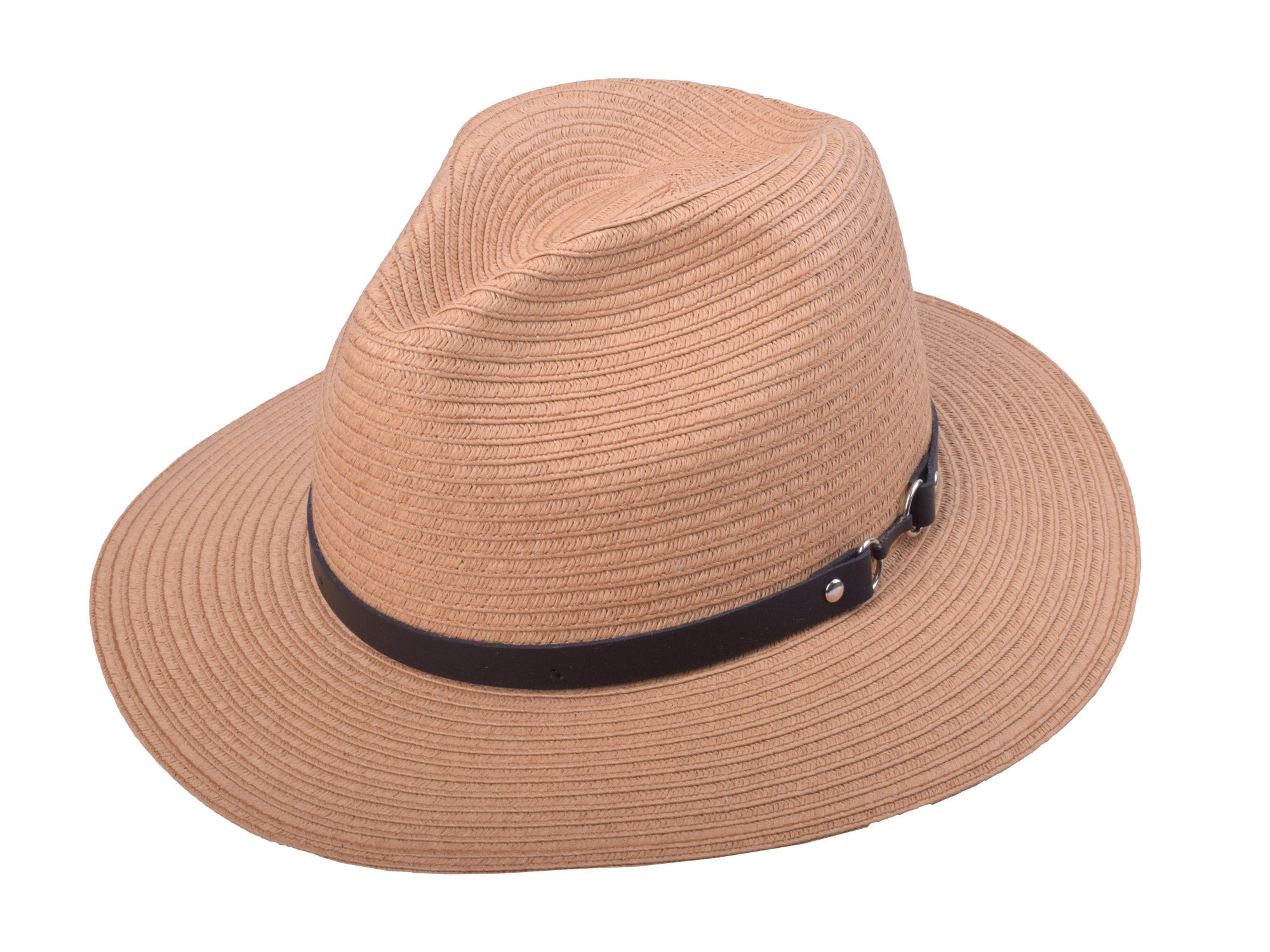 Beige straw hat with a black band on a white background