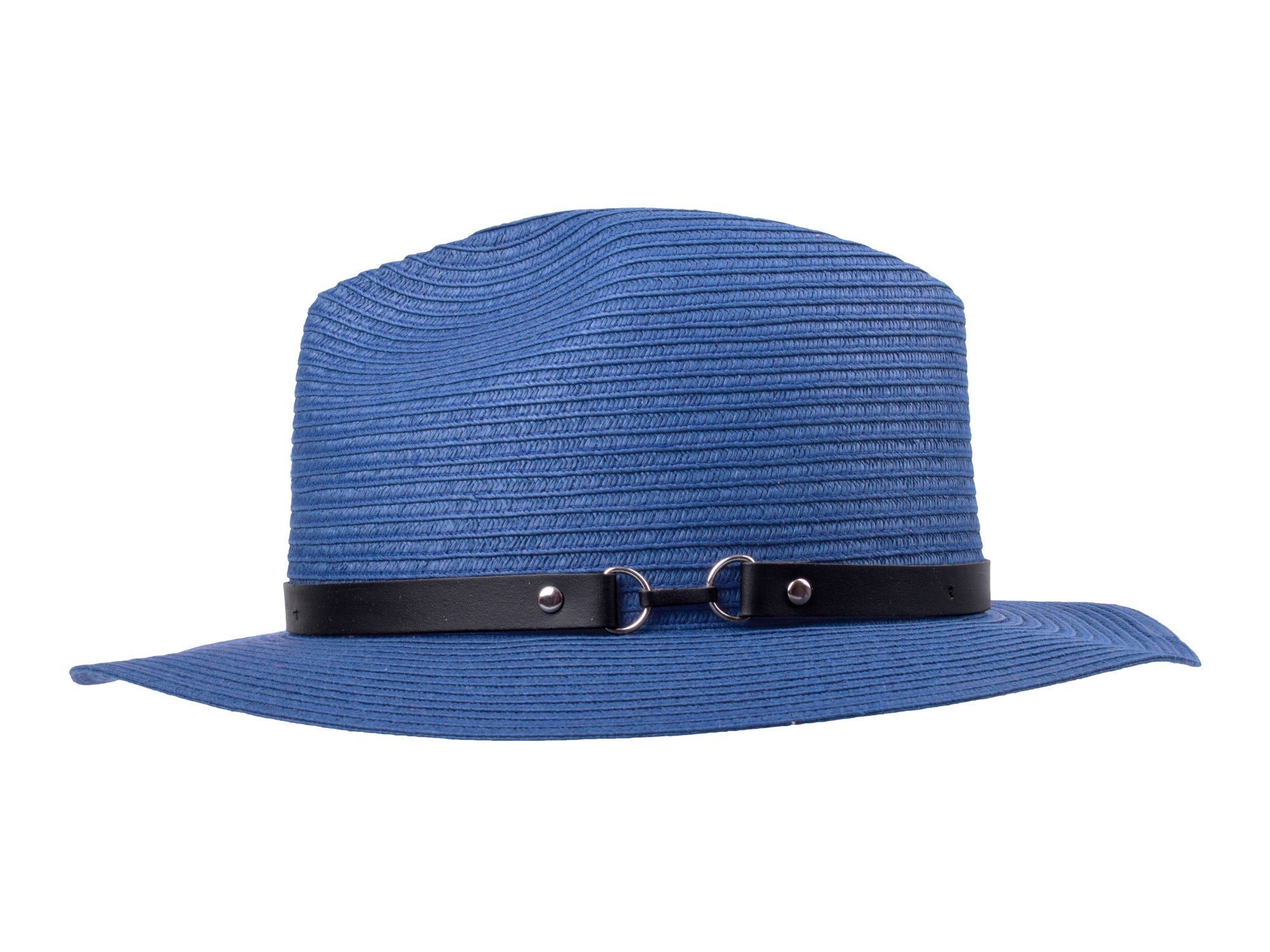 Blue straw hat with a black band on a white background