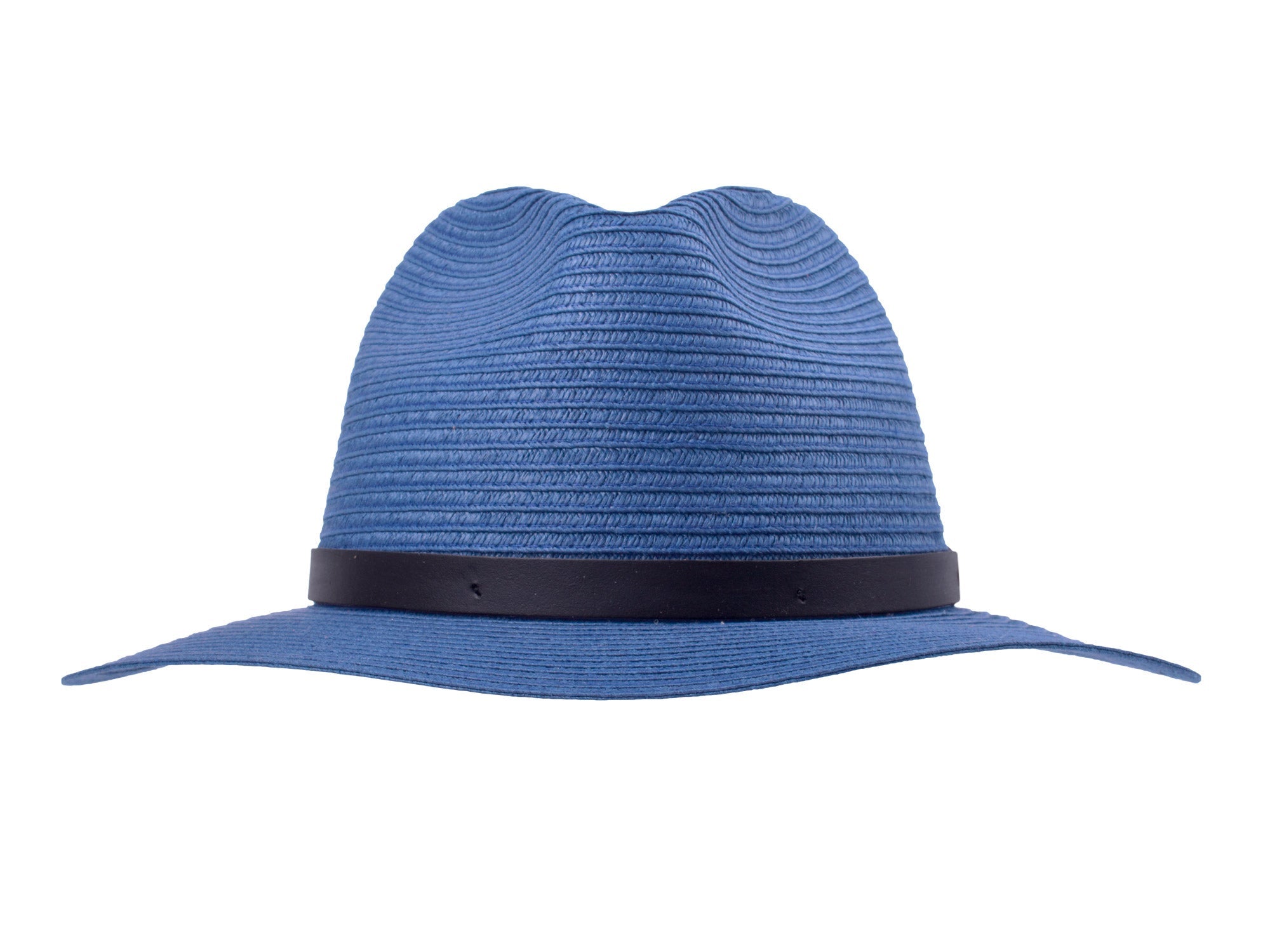 Blue straw hat with a black band on a white background