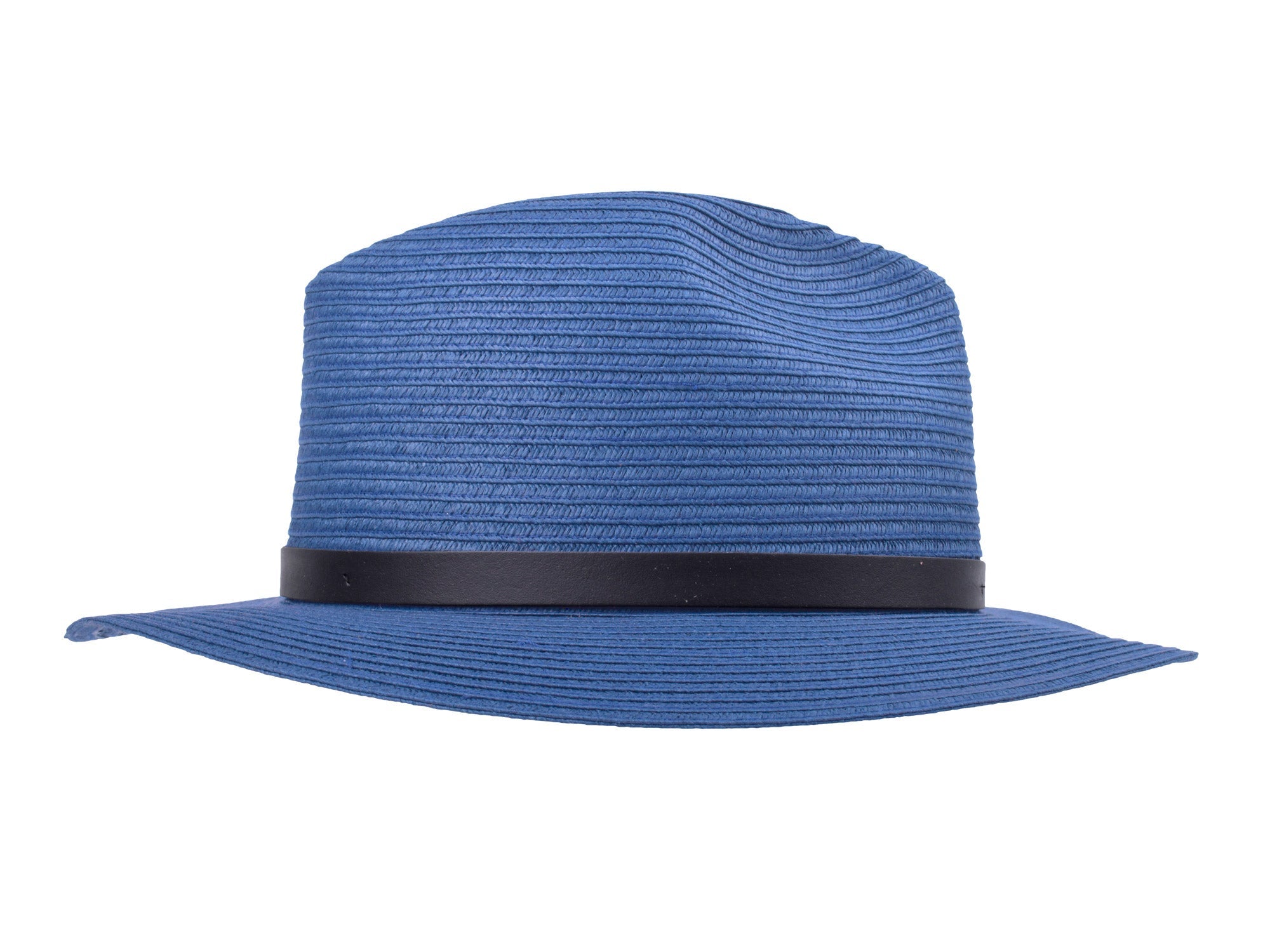 Blue straw hat with a black band on a white background