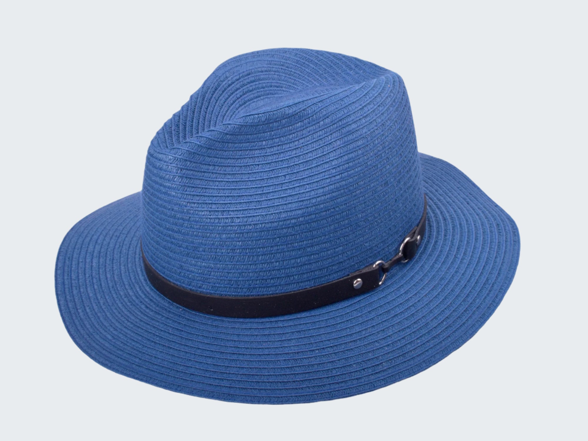 Blue straw hat with a black band on a white background