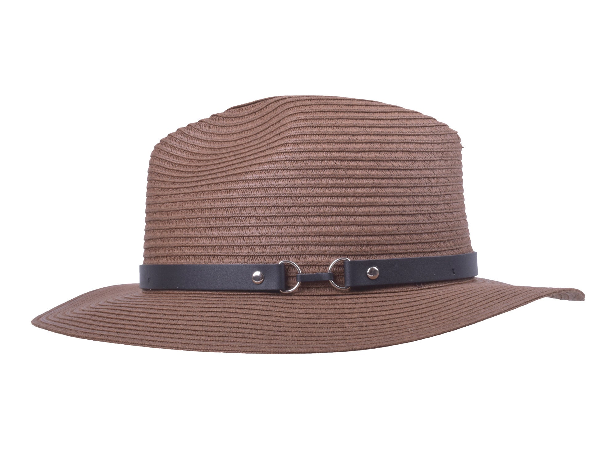 Brown straw hat with a black band on a white background