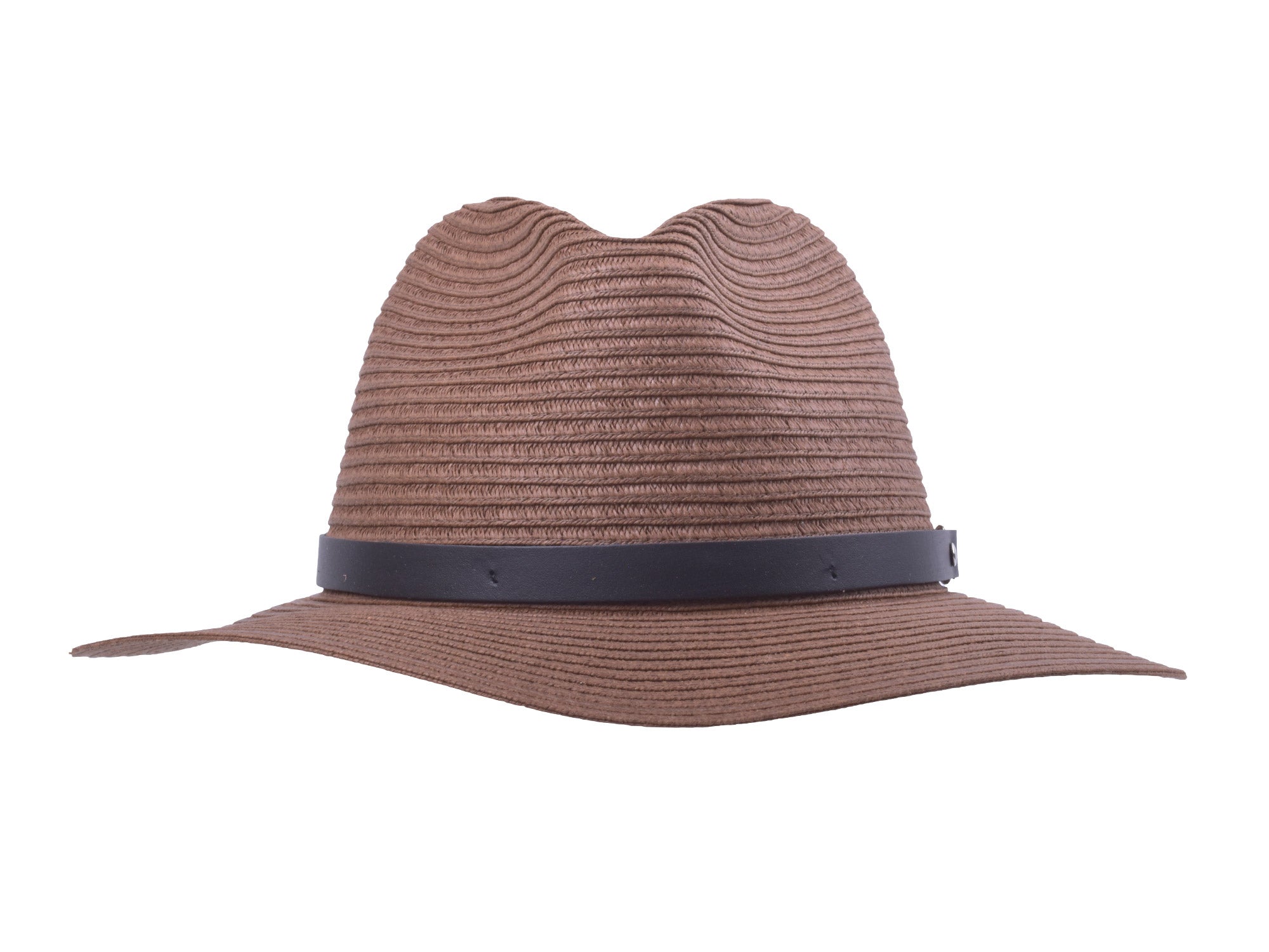 Brown straw hat with a wide brim and black band on a white background