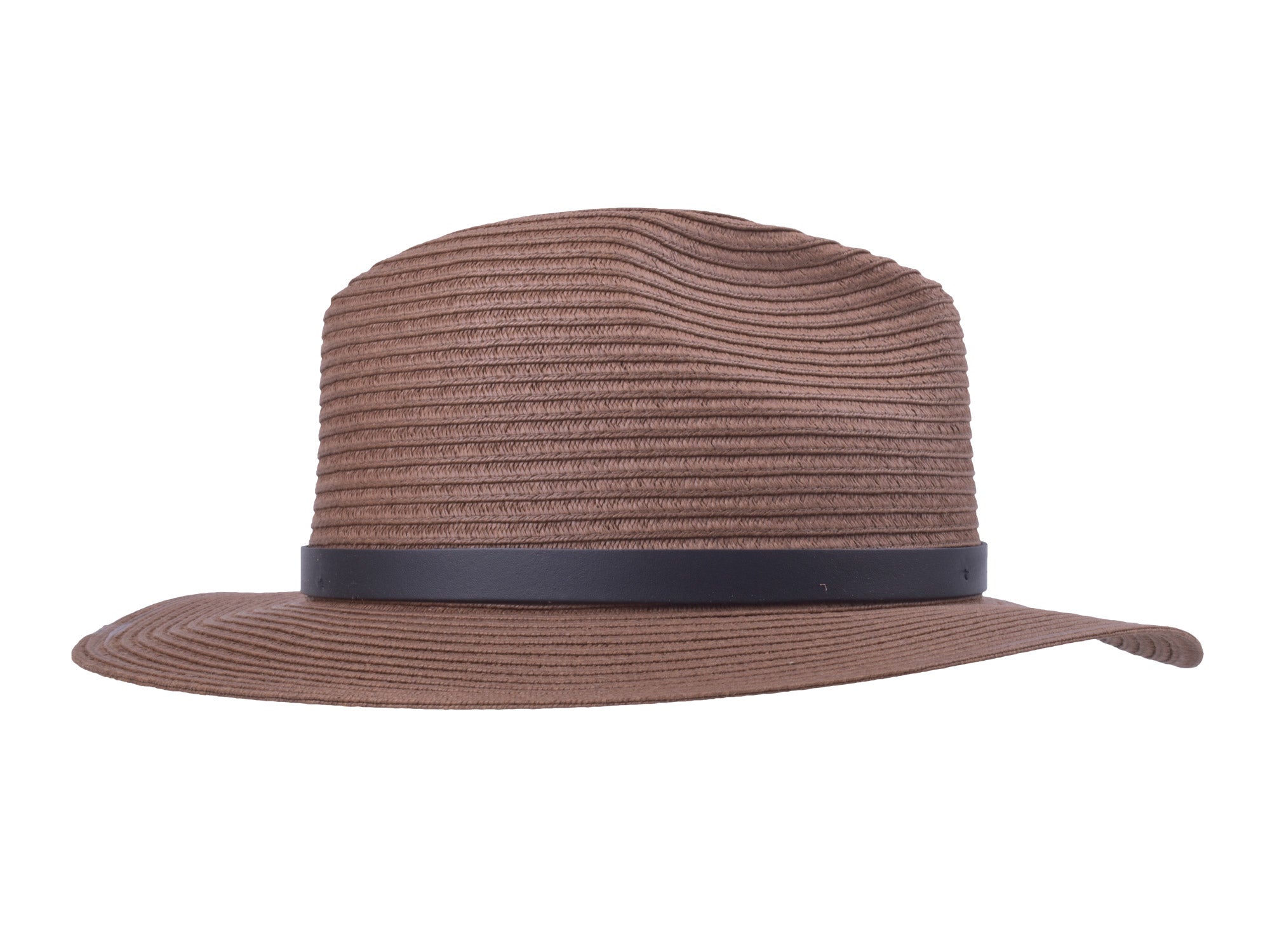 Brown straw hat with a black band on a white background