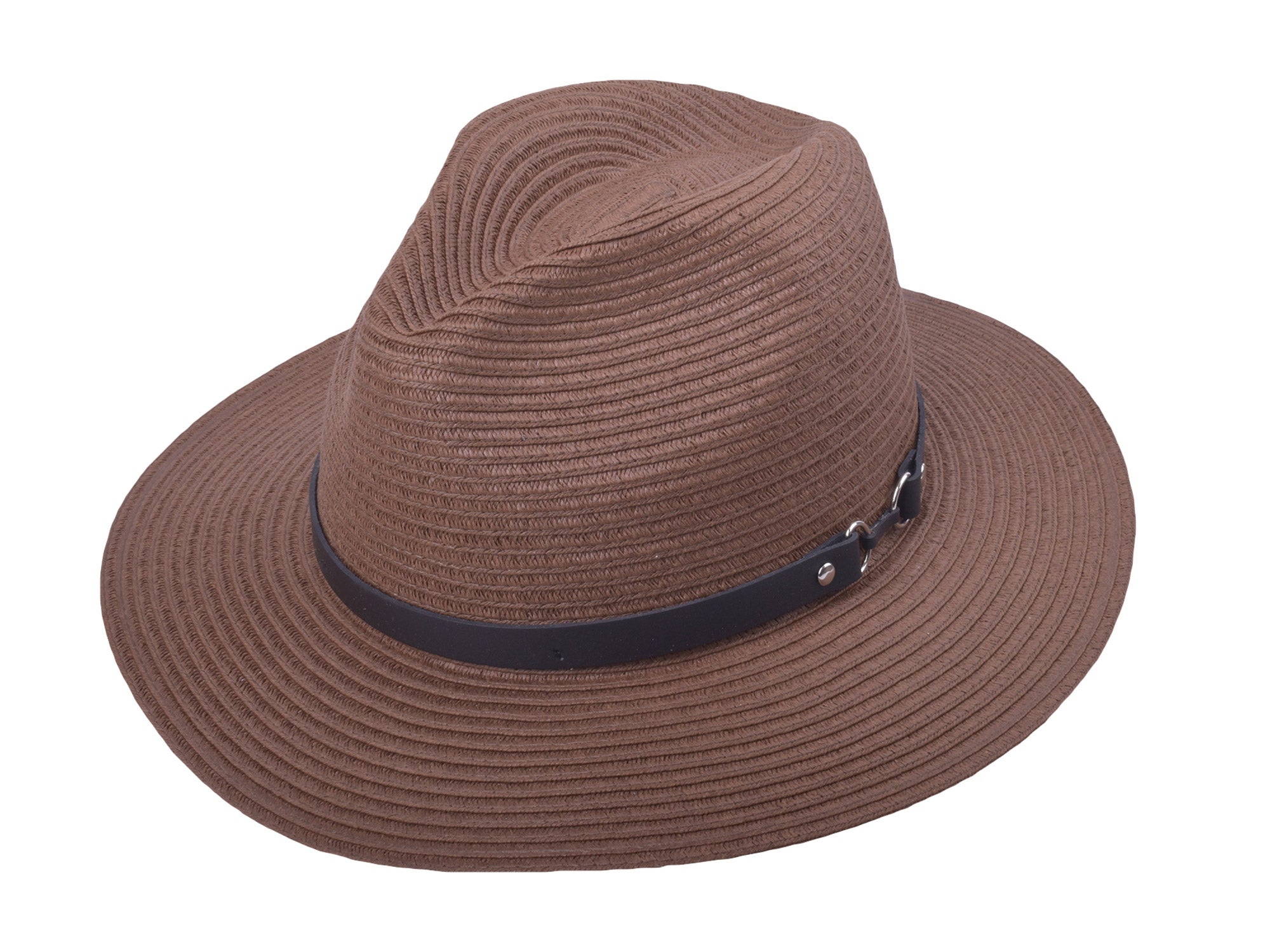 Brown straw hat with a black band on a white background
