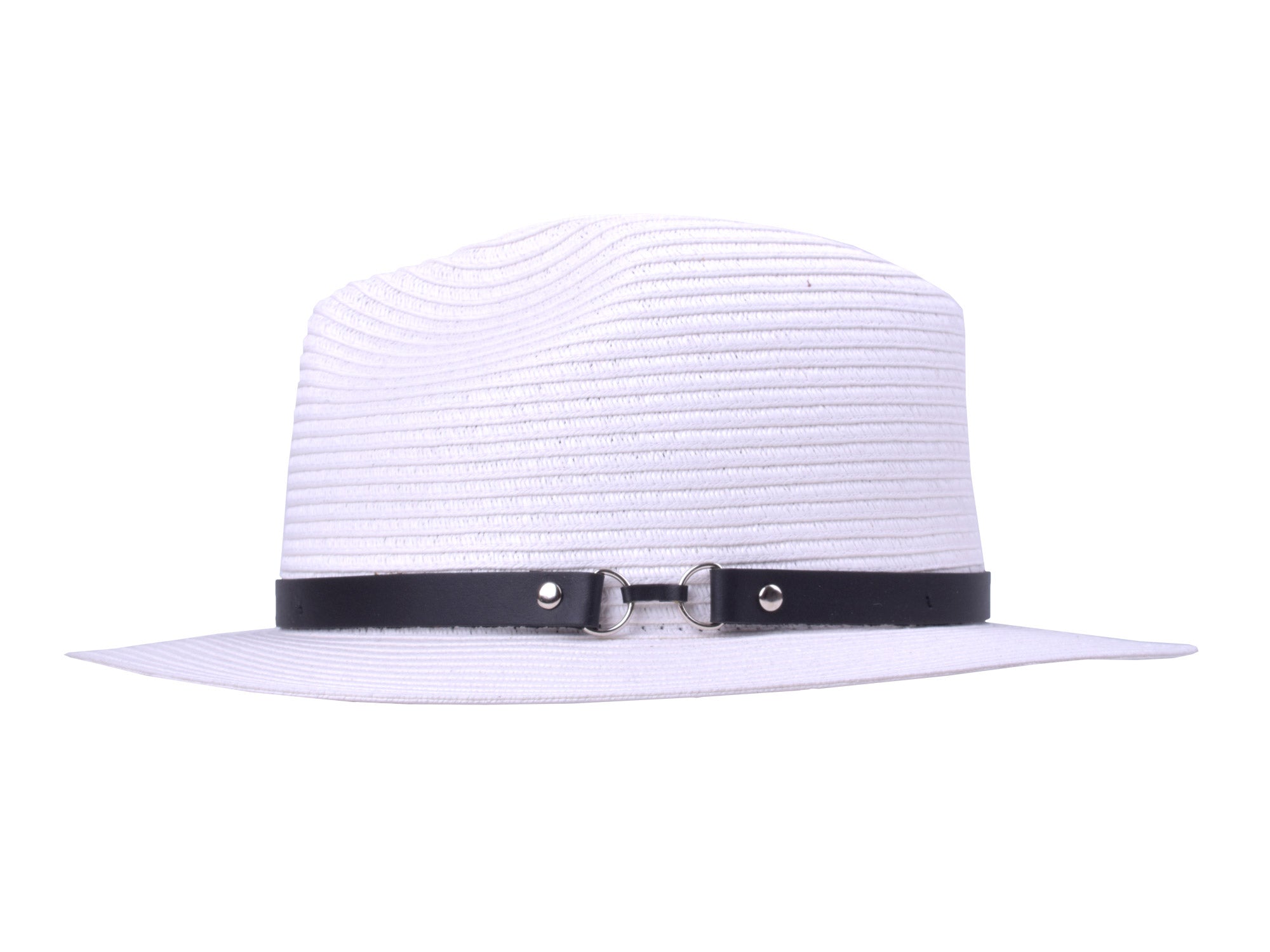 White straw hat with a black band on a white background