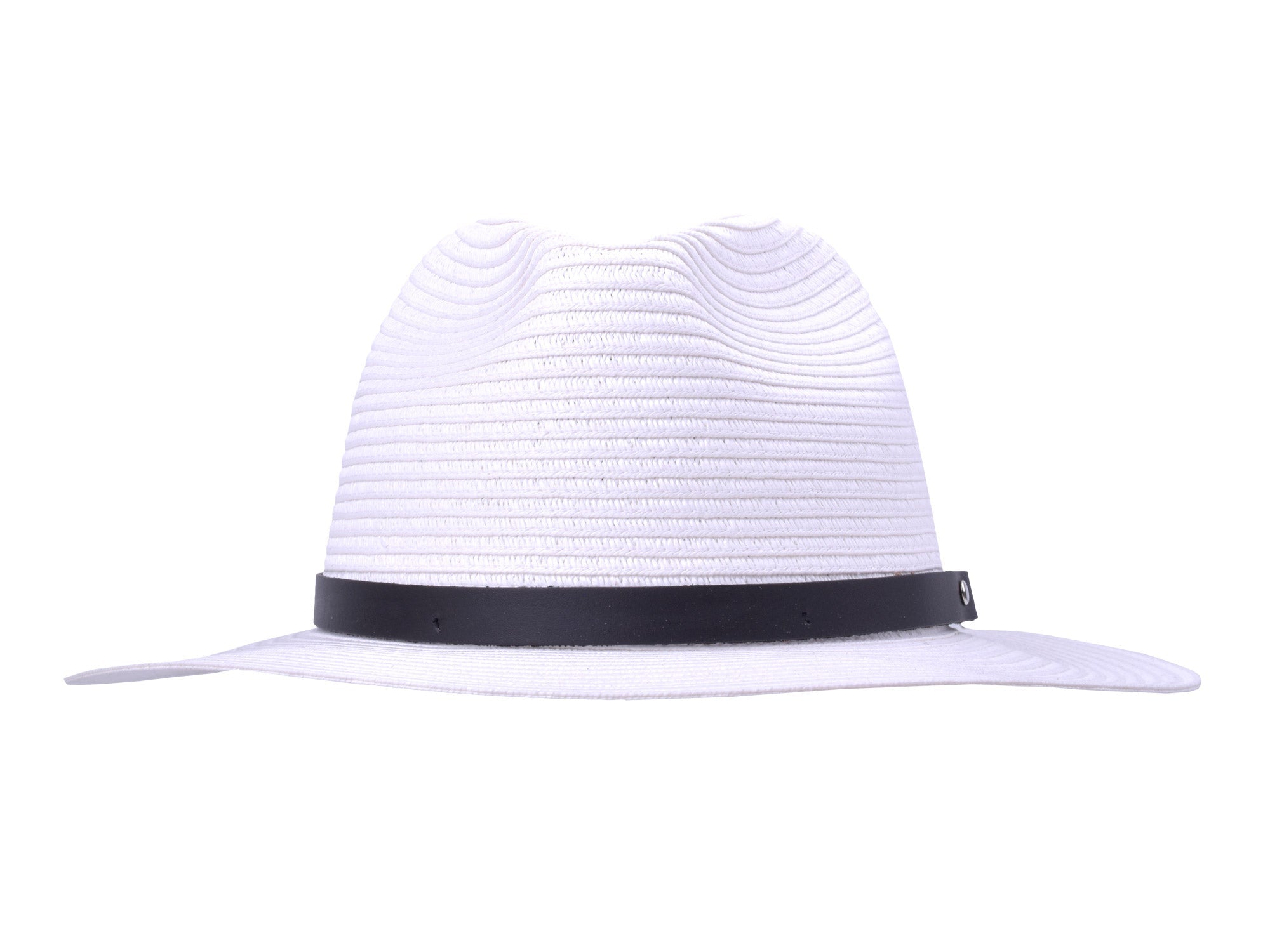 White straw hat with a black band on a white background
