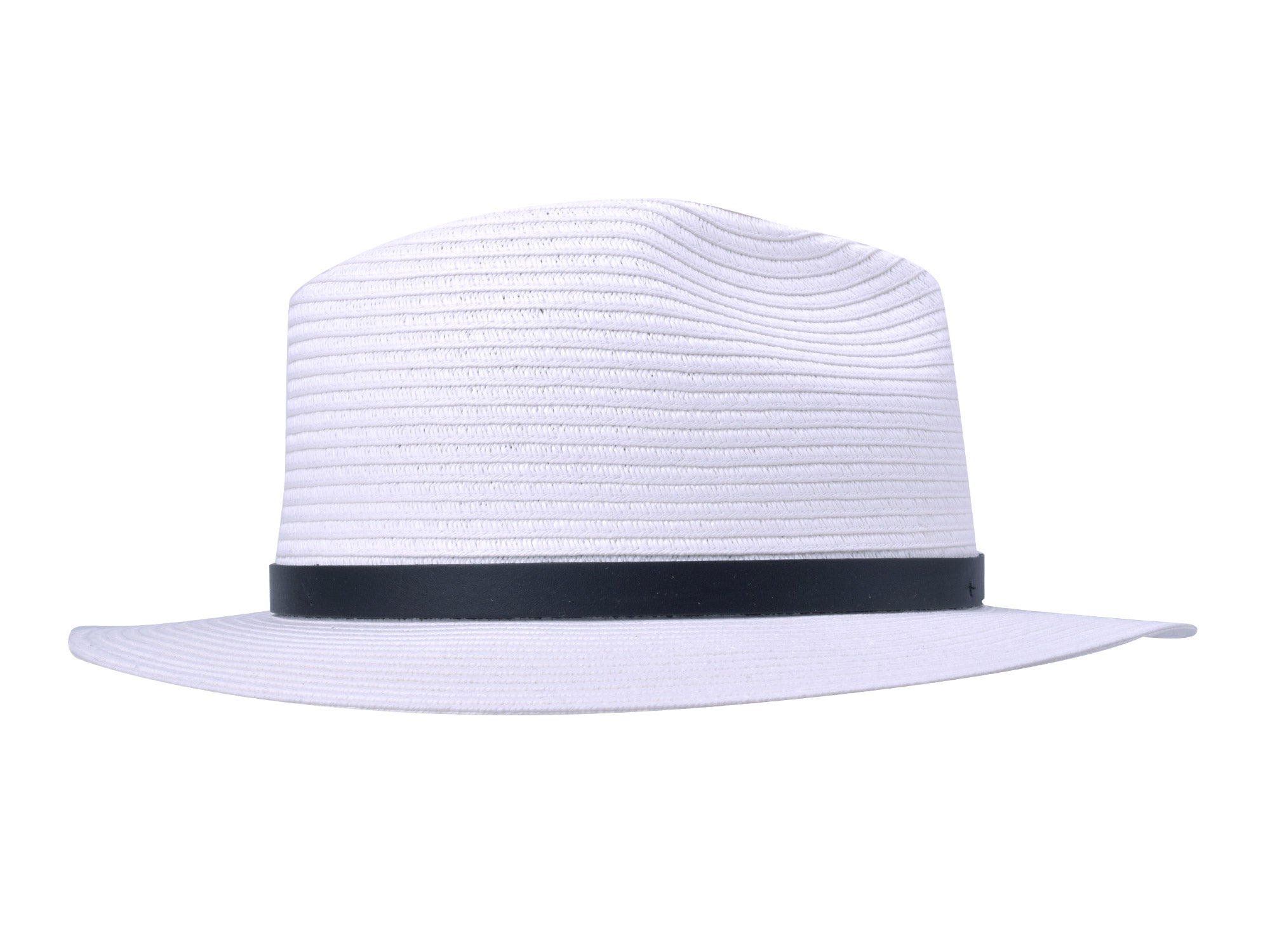 White fedora hat with a black band on a white background