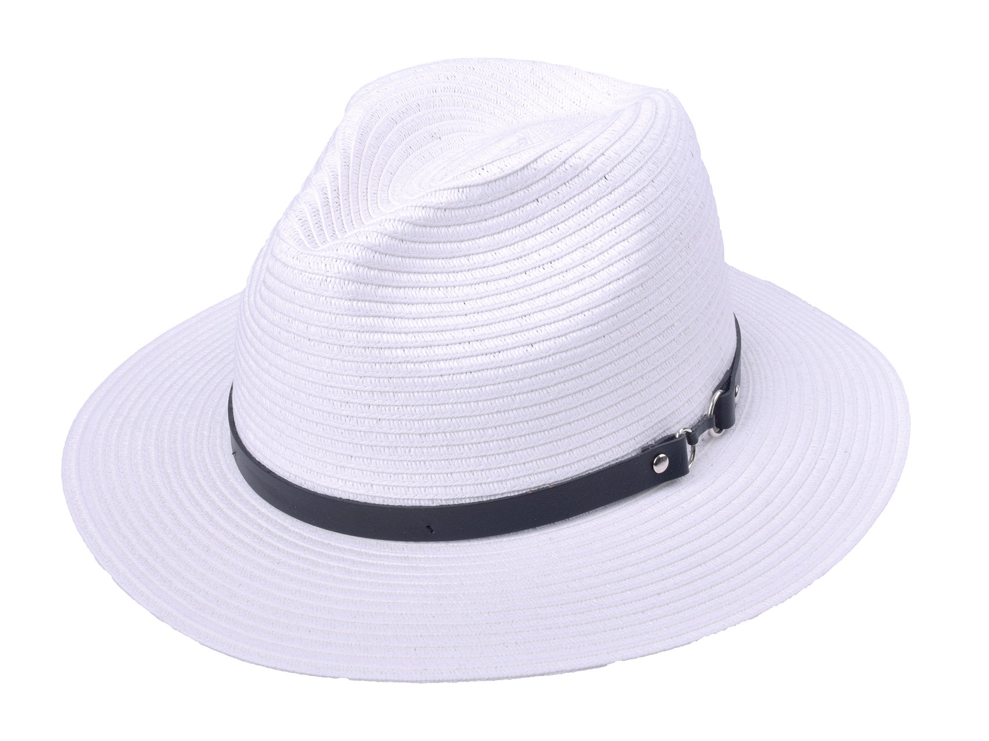White straw hat with a black band on a white background