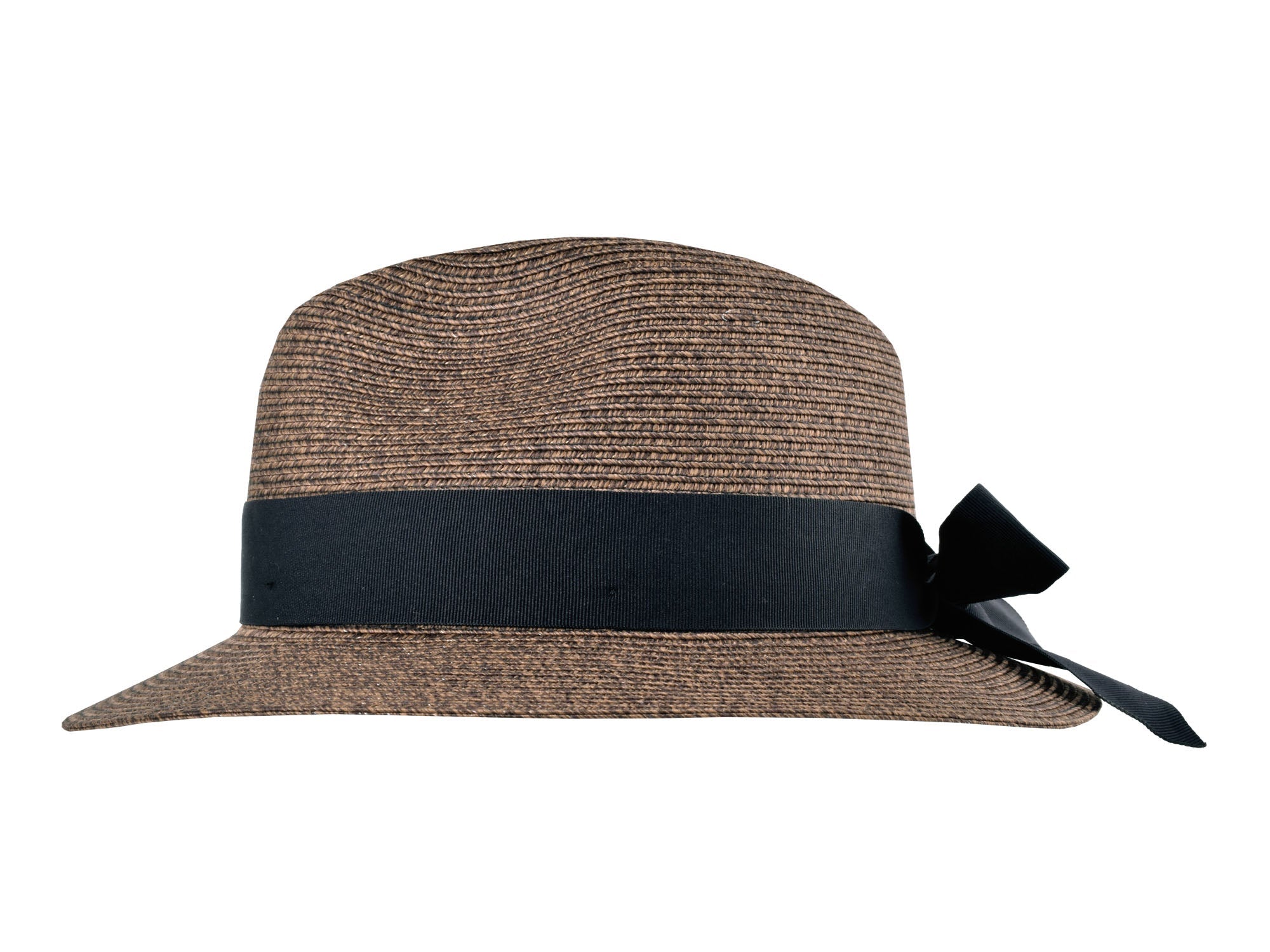 Brown straw hat with a black ribbon on a white background