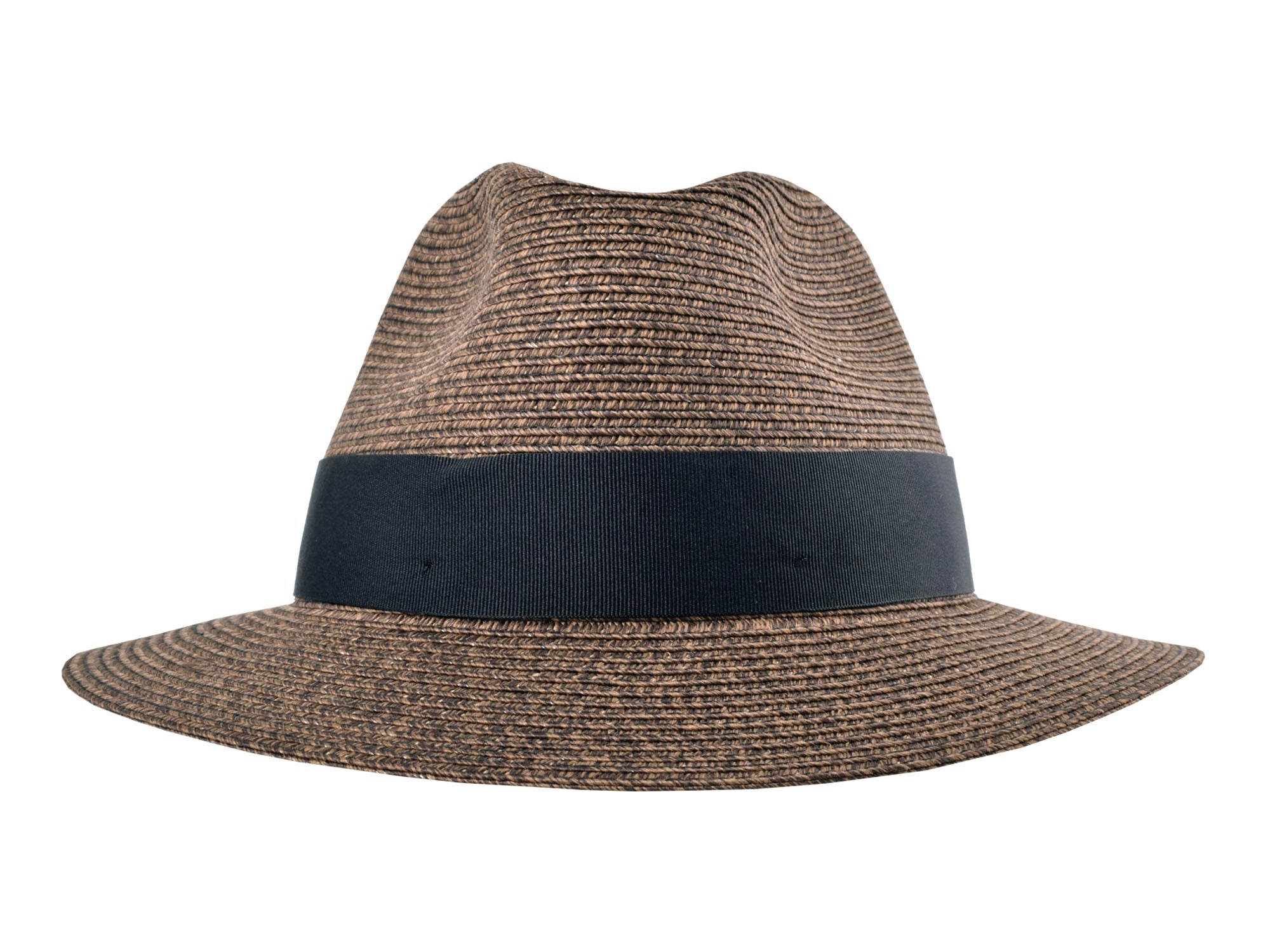 Brown straw hat with a black band on a white background